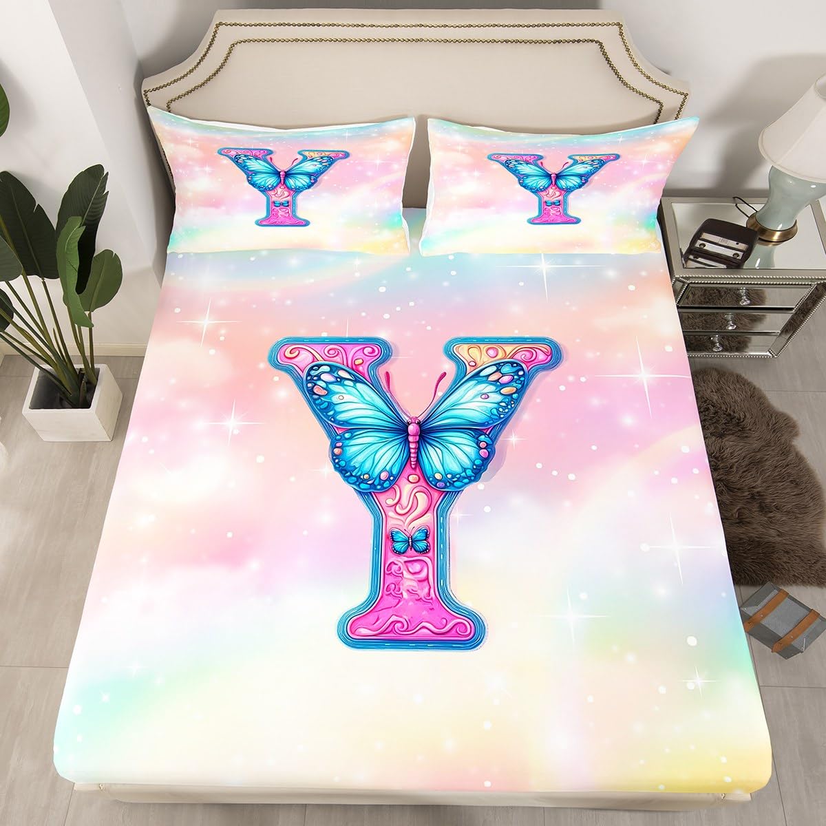 Erosebridal Butterfly Fitted Sheet Twin for Kids Girls Galaxy Stars Gradient Glitter Bed Sheets, Rainbow Initial Letter Y Bedding Set for Teens Women Bedroom Kawaii Princess Pastel Sheets