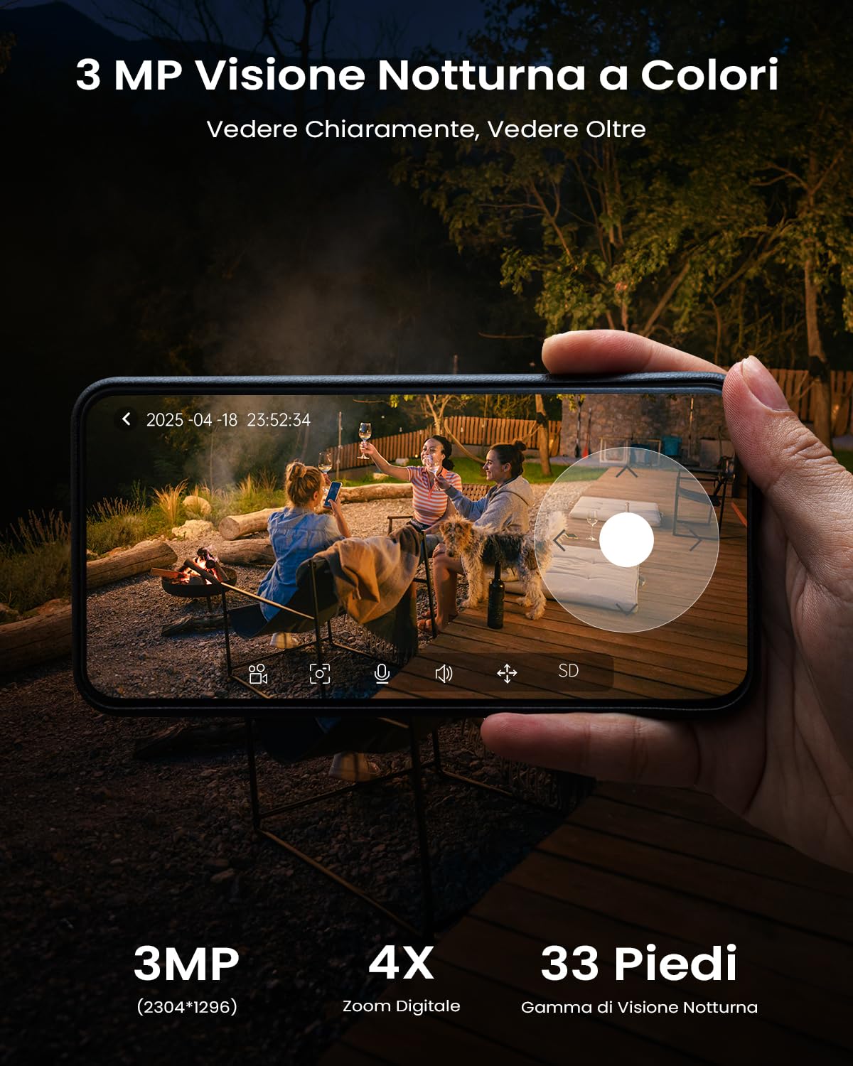 ieGeek 2K Telecamera Wi-Fi Esterno con Pannello Solare, Installazione Flessibile, 355°P 90°T, 5000 mAh, Rilevamento Umano PIR e Allarme, Visione Notturna a Colori, Audio Bidirezionale, IP65, S5
