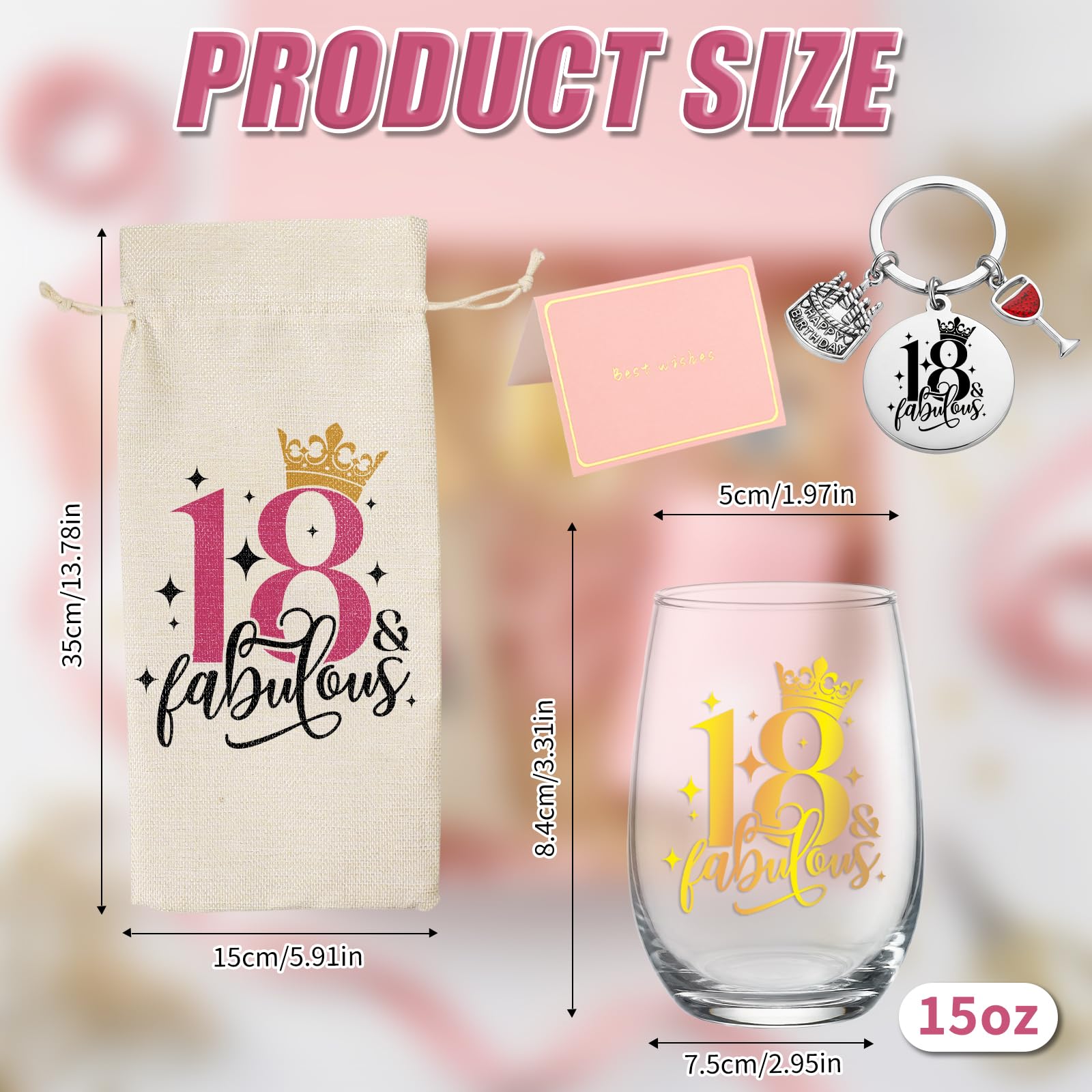 Geschenke zum 18. Geburtstag für Mädchen und sie, personalisiertes Weinglas mit Flaschentasche, Schlüsselanhänger und Karte, Weingläser-Set zum 18. Geburtstag, für Jahrestag, beste Freundin