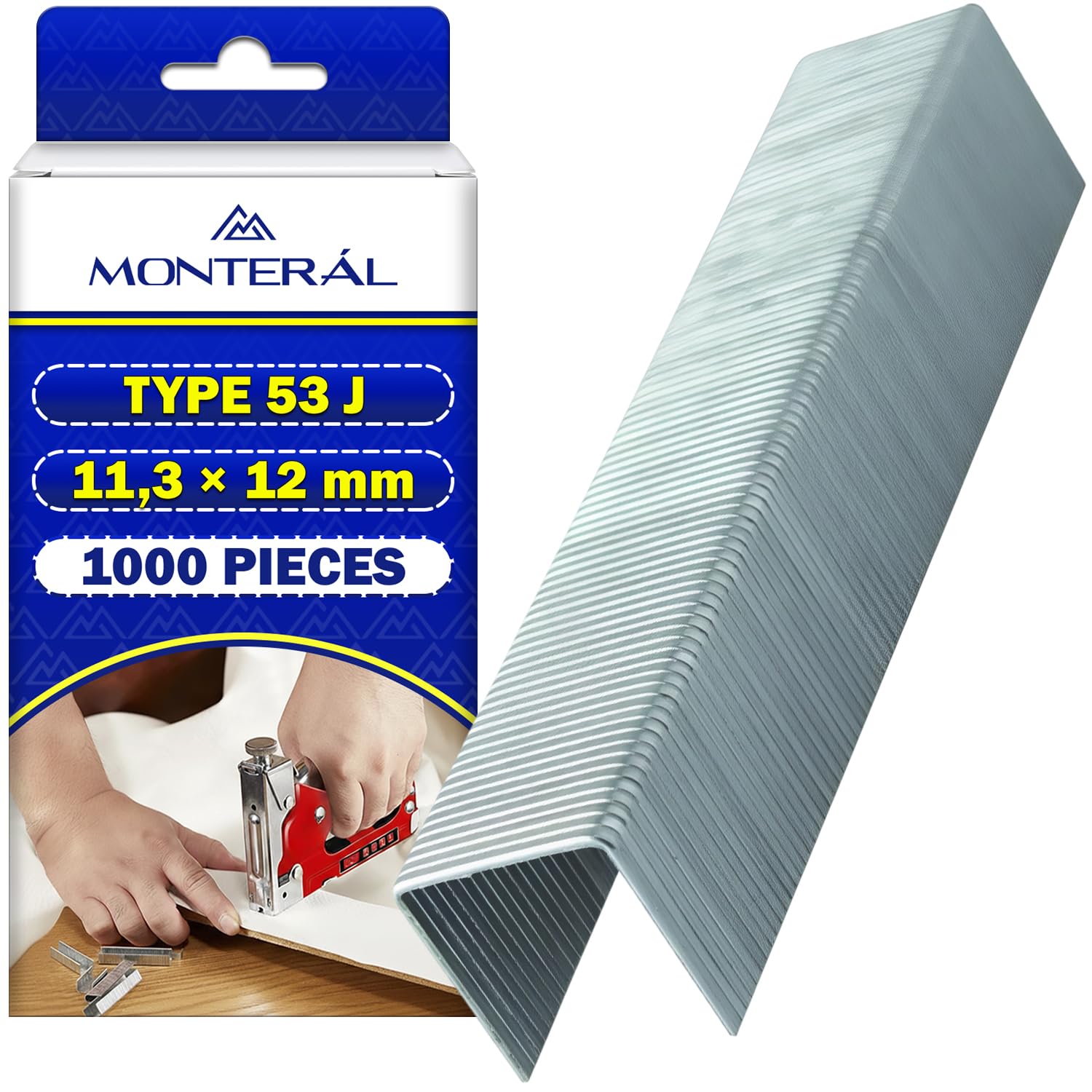 1000 sztuk zszywek typu 53 J 11,3 x 12 mm - zszywacz służy do tapicerki i dekoracji do mocowania tkanin, folii kartonowych, etykiet papierowych. MONTERAL
