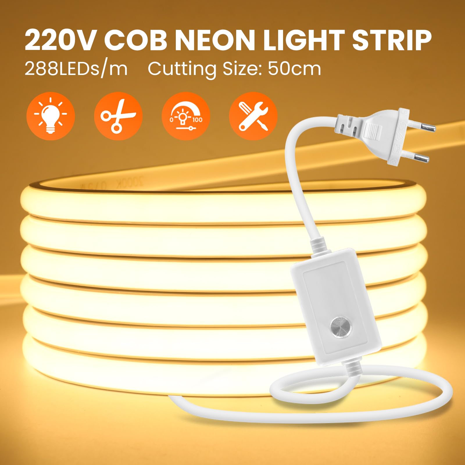 Tira de LED COB Regulable, 220V 288LEDs/M Super Cinta LED de Neón, Cinta luminosa Flexible FCOB LED Tira de Luz para Navidad,Vacaciones,Decoración de Interiores e Iluminación(Blanco Cálido,20M)