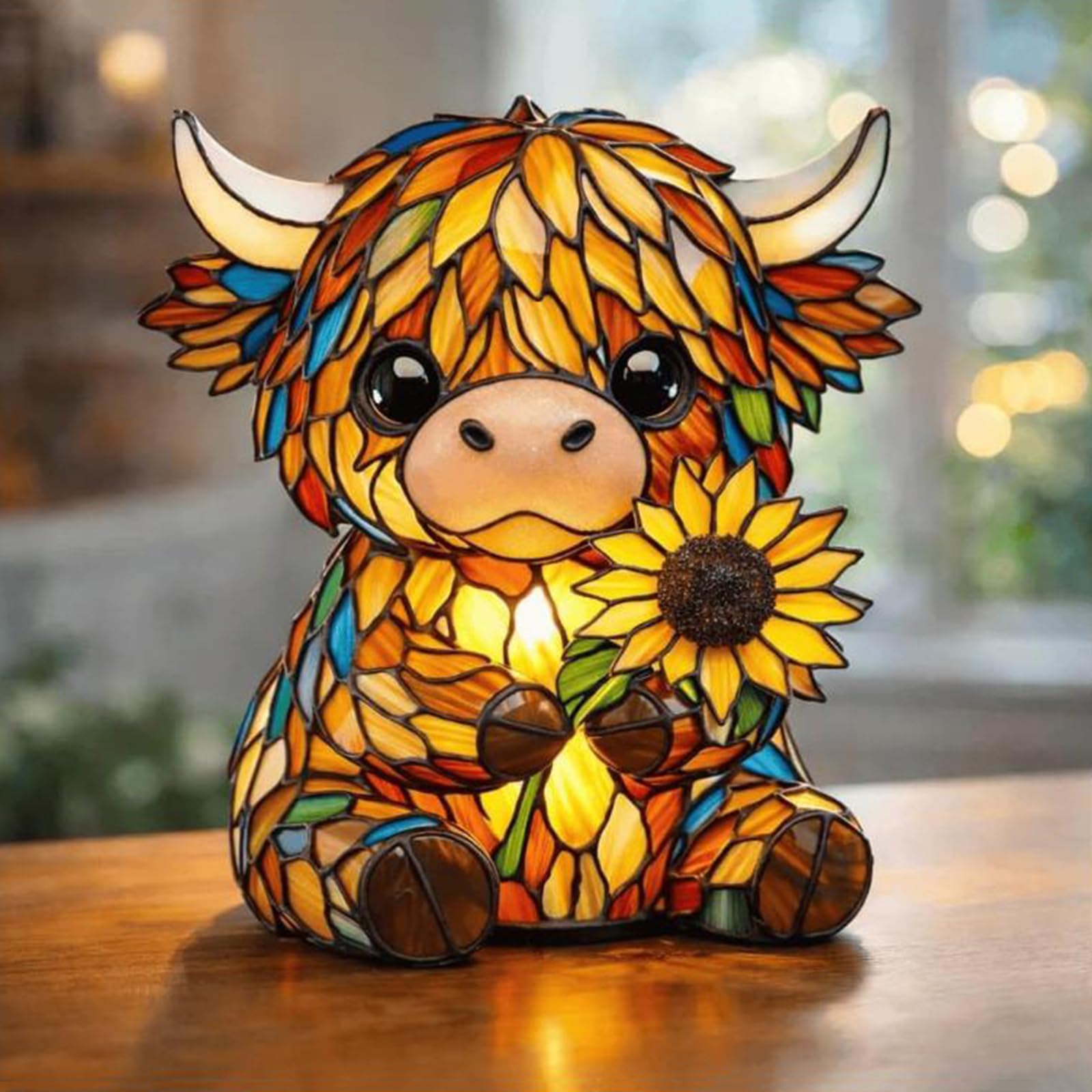 Stained Highland Cow Night Light, Sunflower Resin Table Lamp Handcrafted 3D Cute Animal Ornament, USB Powered LED Warm Glow Bedside Lamp for Living Room Bedroom Decor, Unique Gift for Cow Lovers