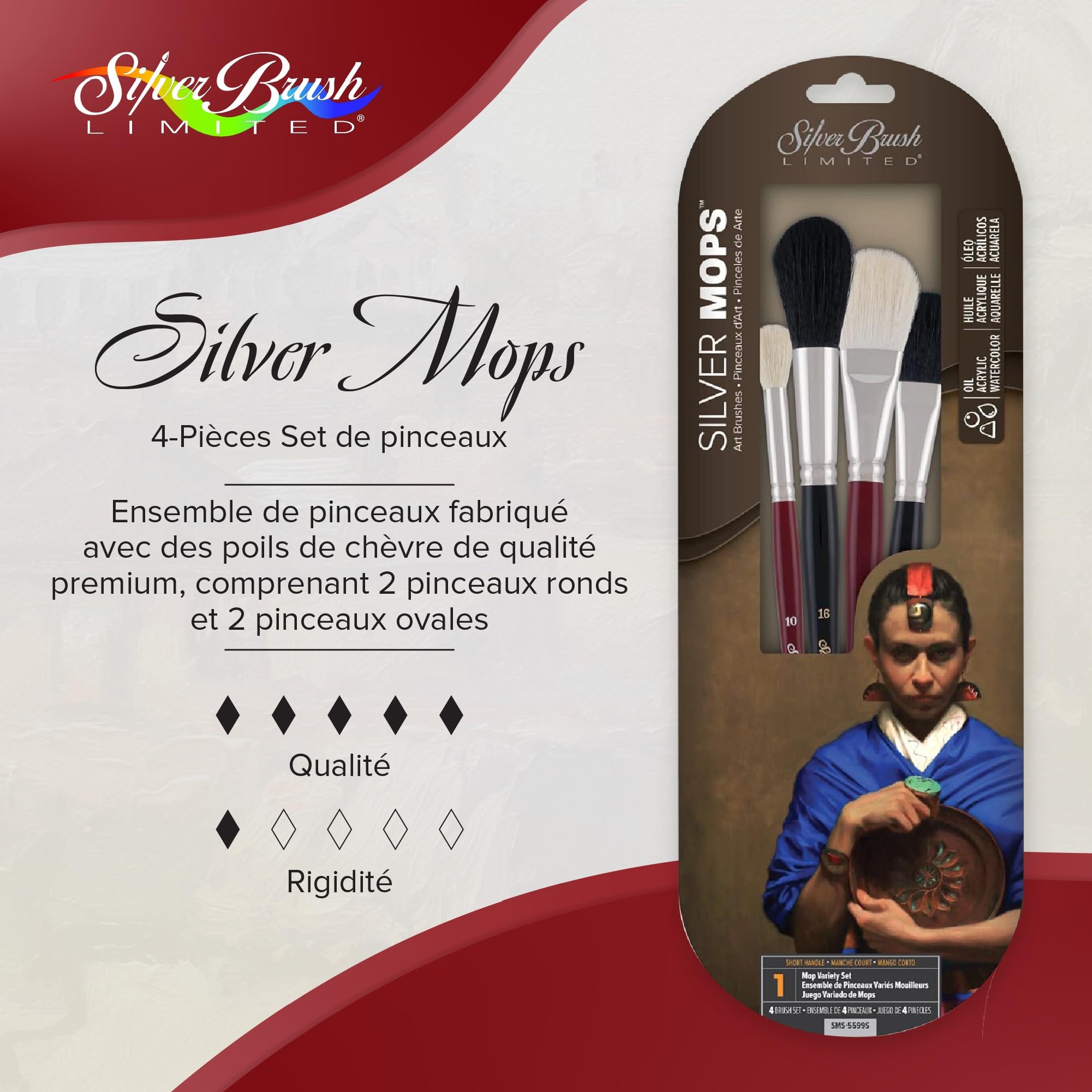 Silver Brush Limited - Assortiment de 4 pinceaux Silver Mop Multimedia pour l'huile, l'acrylique et l'aquarelle - Manche Court