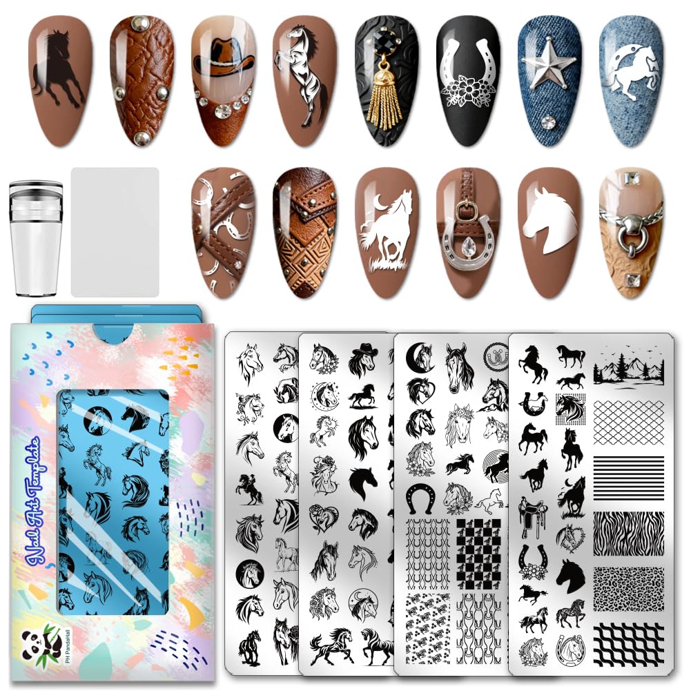 PH PandaHall 4 piastre per stampaggio unghie cavallo corsa modello nail art animali unghie arti stencil ferri di cavallo manicure design timbro unghie piastre immagine per donne manicure fai da te