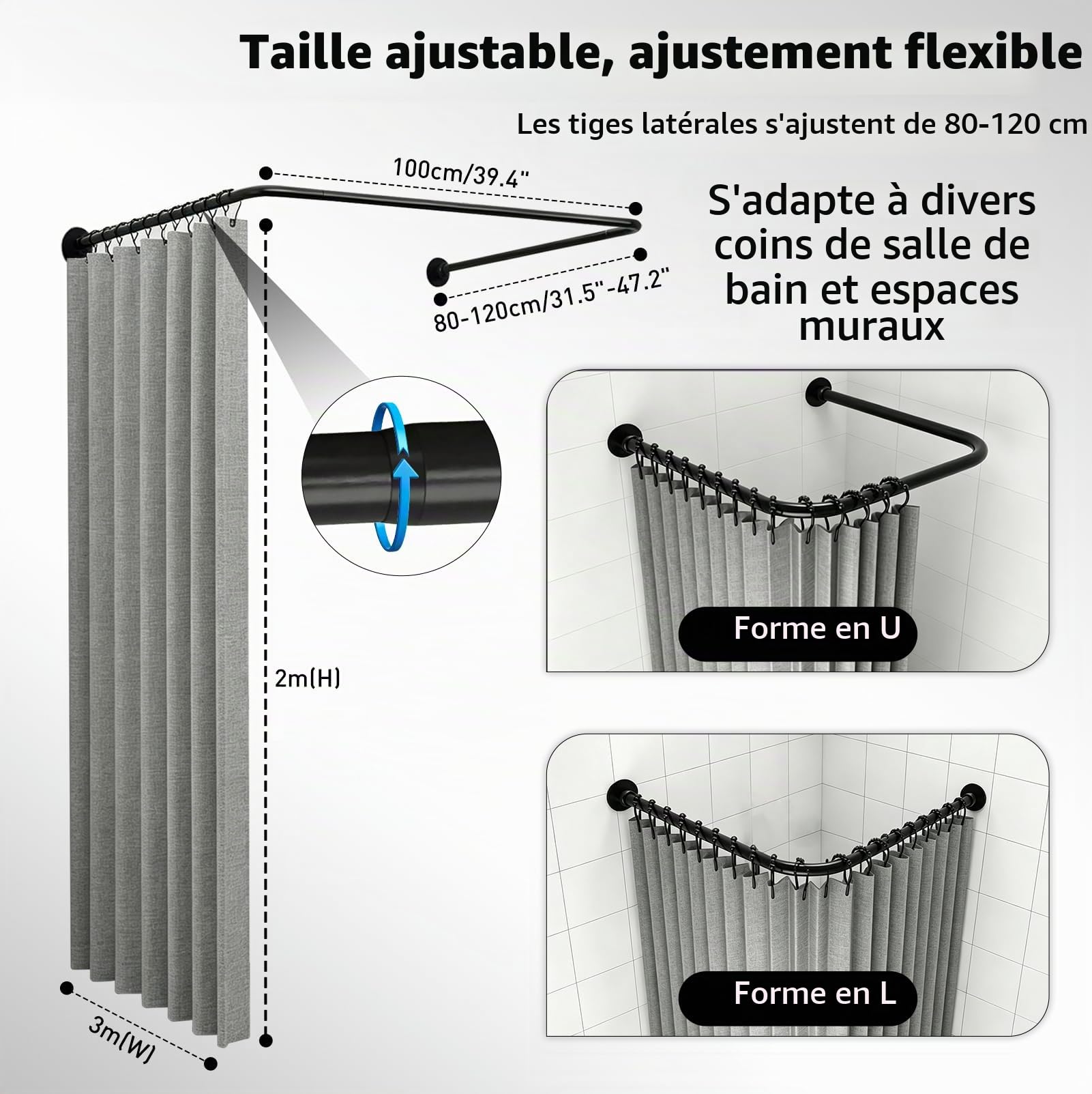 Tringle Douche en U Sans Perçage, Barre Extensible avec Kit Rideau Douche | Kit Complet avec Rideau Douche Imperméable, Anneaux et Colle Sans Clou pour Douche d'angle, Petites Salles de Bain, Vestiaire
