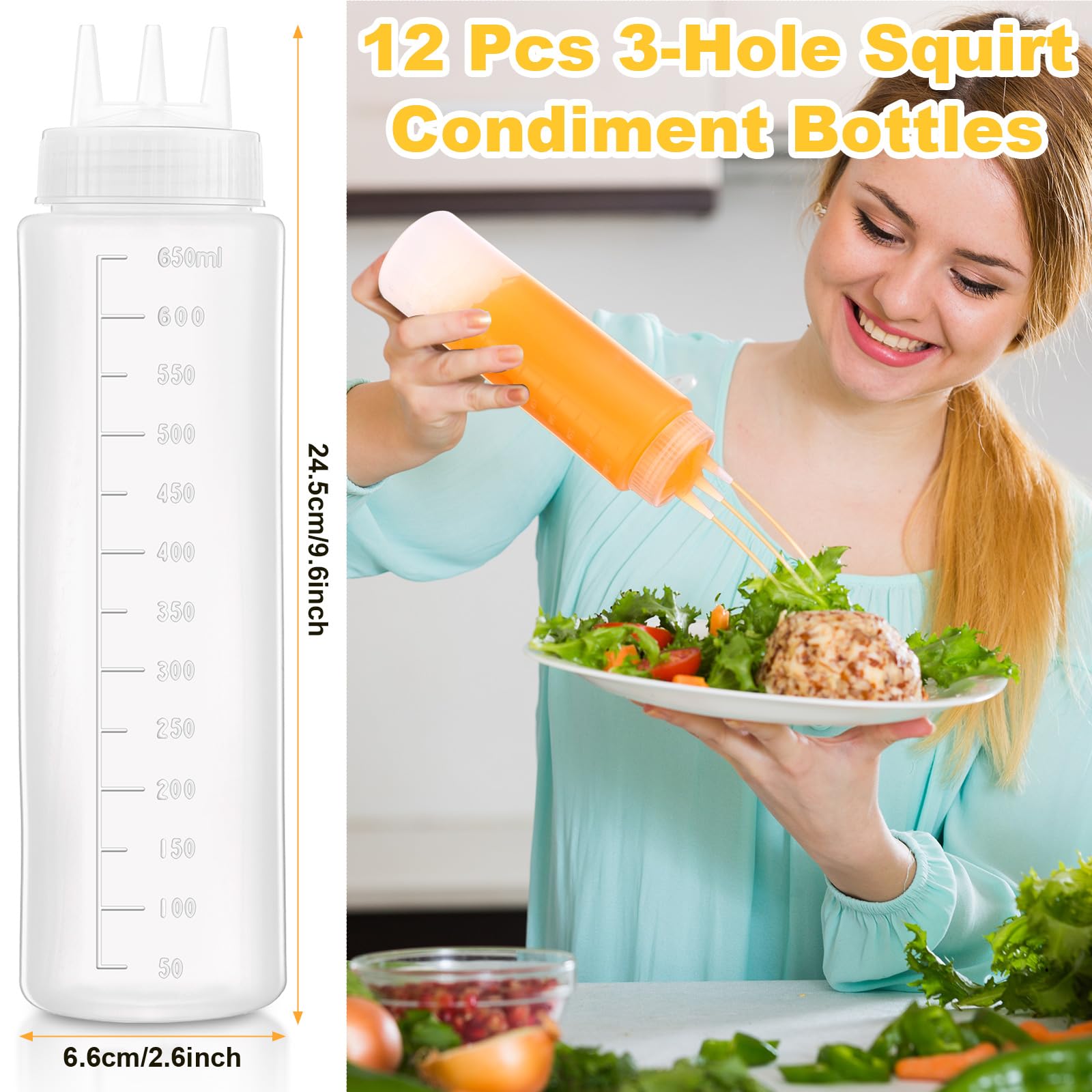 Maxdot 12 botellas de plástico de 24 onzas con 3 agujeros para condimentos, ketchup y mostaza, recipiente para aderezo de chorro, dispensador de crema agria para cocina, restaurante, salsa, aceite,