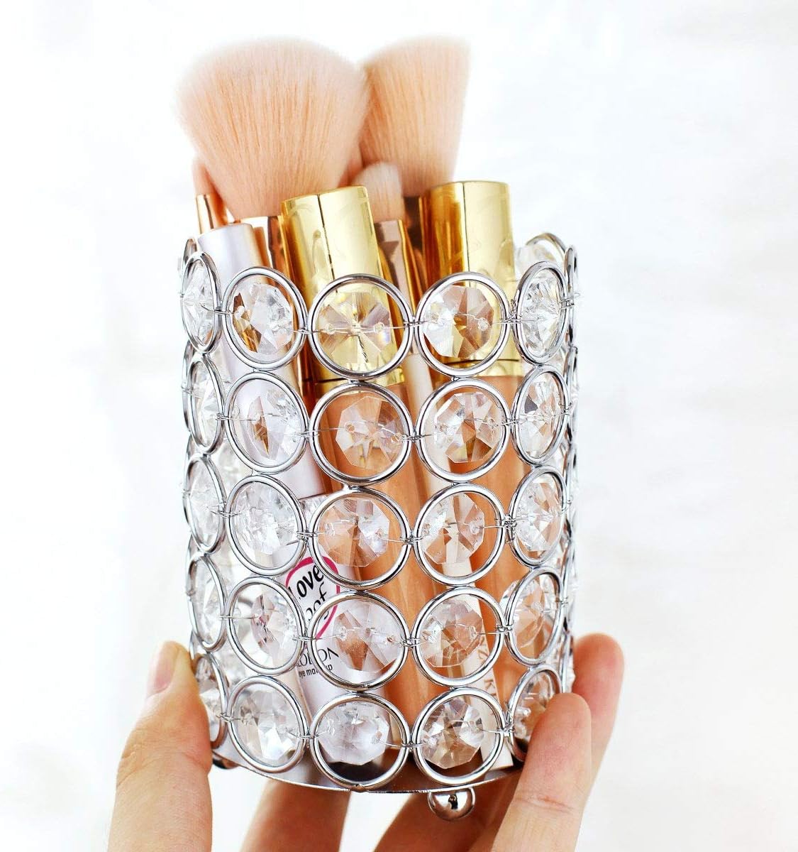 Pahdecor Makeup Brush Holder Storage Organizer with 5 Layers Beads,Handmade Vintage Crystal Beads Candle Container Holder Candlesticks Pencil Cup Flower Vase,4.6x3.2inch(HxW), Silver Color