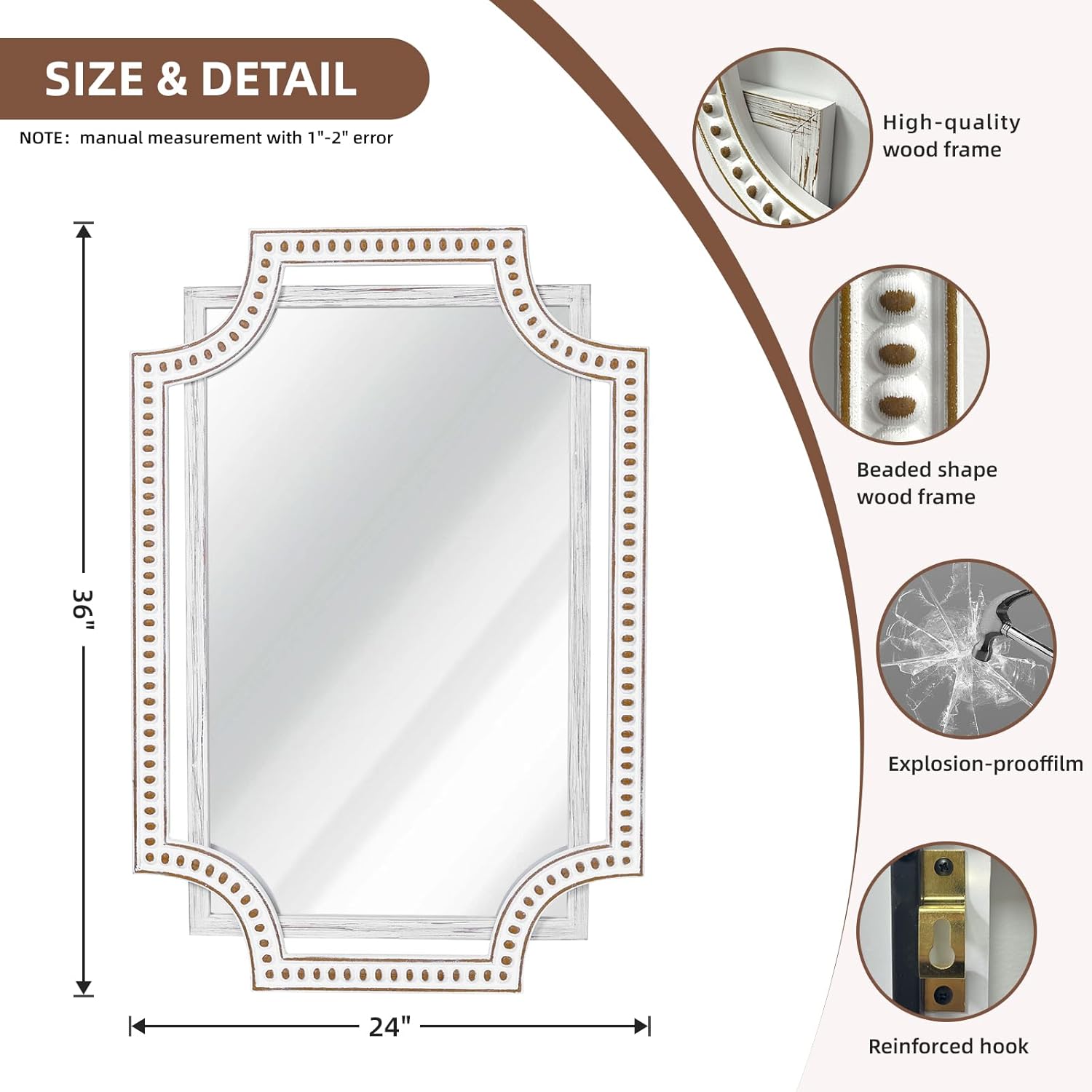 HOITUZYUS 36x24 Inch Rustic Farmhouse Wall Mirror for Bathroom, Boho Wooden Frame Rectangular Mirrors for Fireplace, Entryway, Living Room & Bedroom, Horizontal or Vertical Hanging