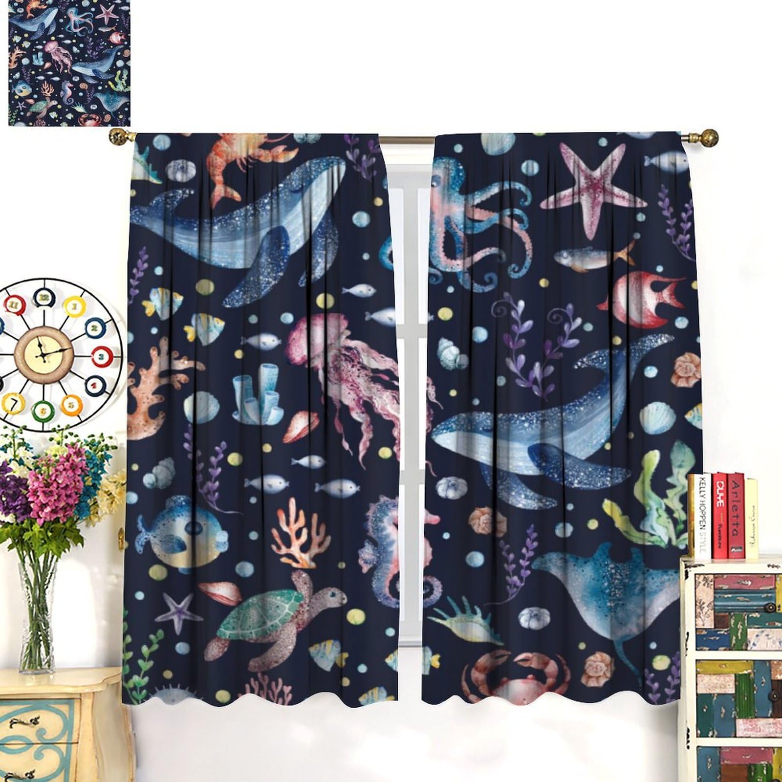 Kids Ocean Animal Blackout Curtains,Cartoon Funny Fish Undersea Sealife Colorful Underwater World Whale Jellyfish Turtle Puzzle Animals Windows Treatments for Nursery Baby Living Room Bedroom 84x84in