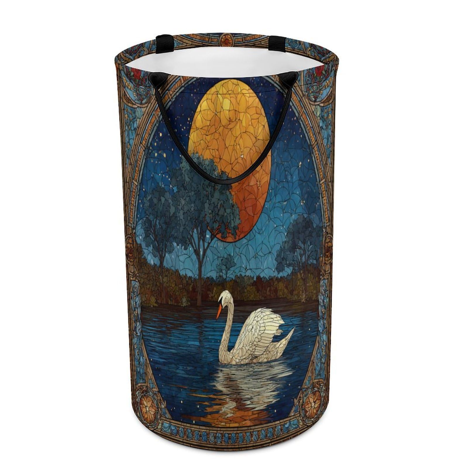 LUYYSKY Rustic Abstract Elegant Swans Versatile Storage Laundry Basket, Fantasy Realistic Full Moon Animals Swans Lake Pattern Large Capacity Bathroom Hamper With Handle