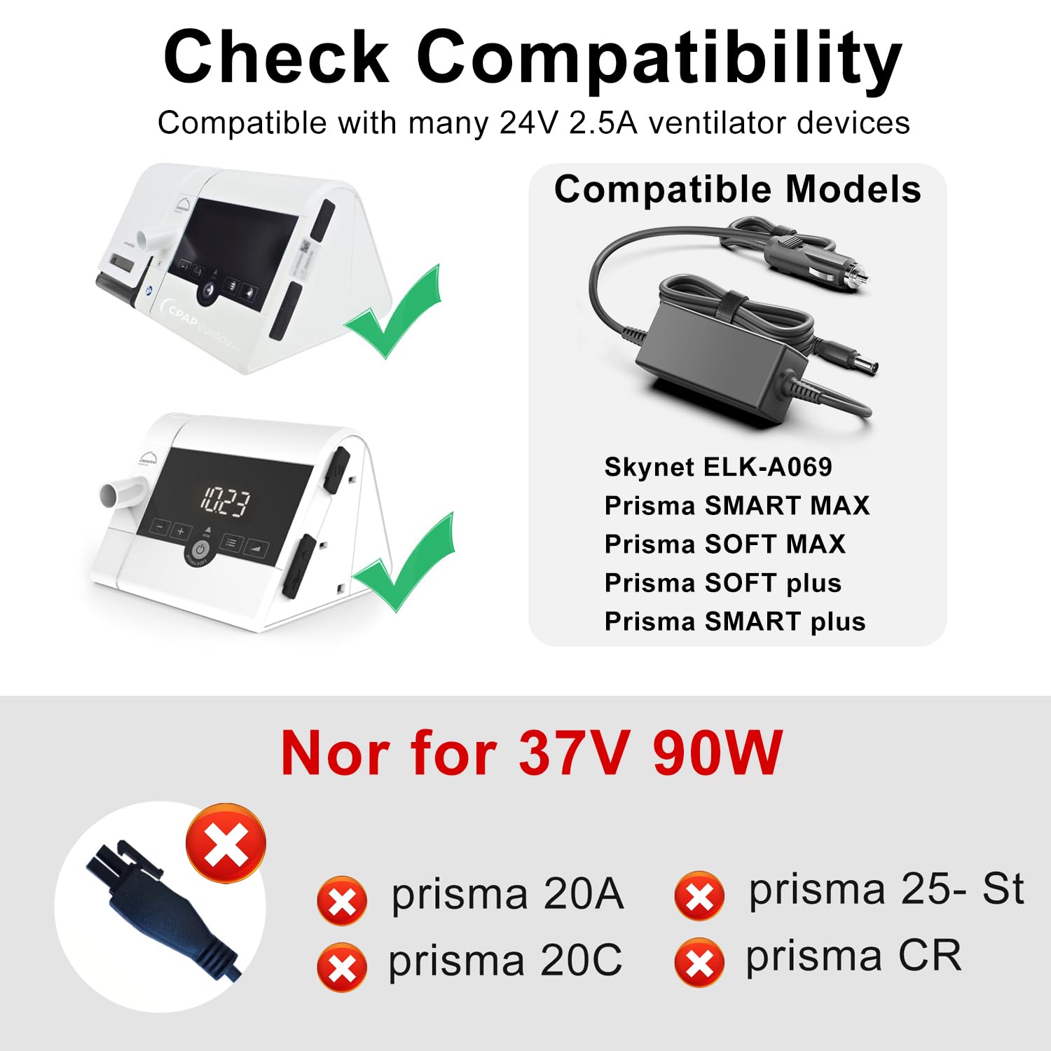 KFD DC 12V-24V Adapter KFZ Netzteil Auto Ladekabel für Löwenstein Prisma Smart Plus/Max Soft Plus/Max CPAP Medical Spannungswandler 12V auf 24V 12 Volt Skynet ELK-A069 WM 24469 DC Travel Car Charger