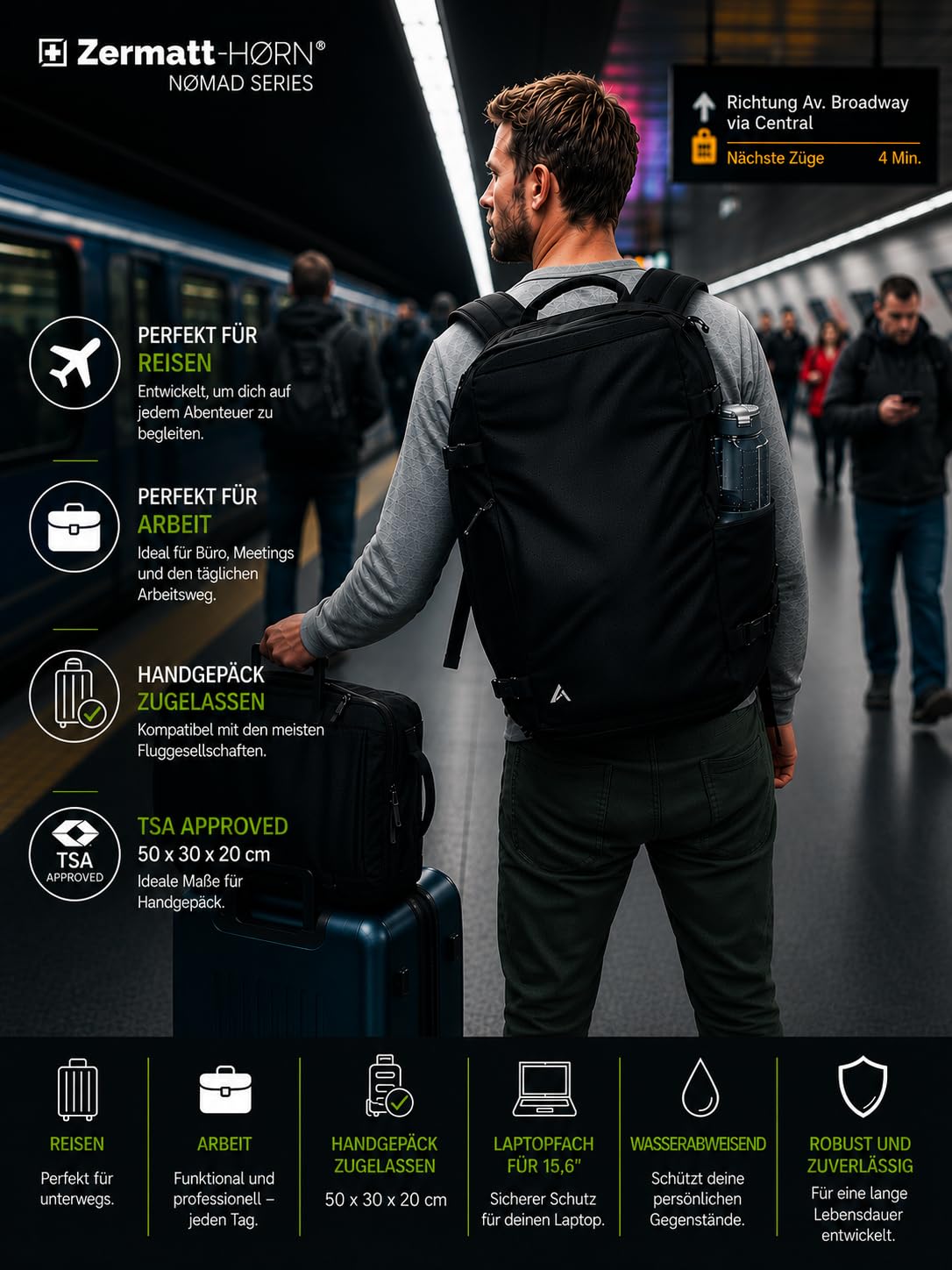 +Zermatt-Horn Rucksack herren Reise-Rucksack 35L | Laptop 15-17 Zoll. Kabinenrucksack Handgepäck mit Vakuumtasche | Flugzeug Reisen got bag reiserucksack
