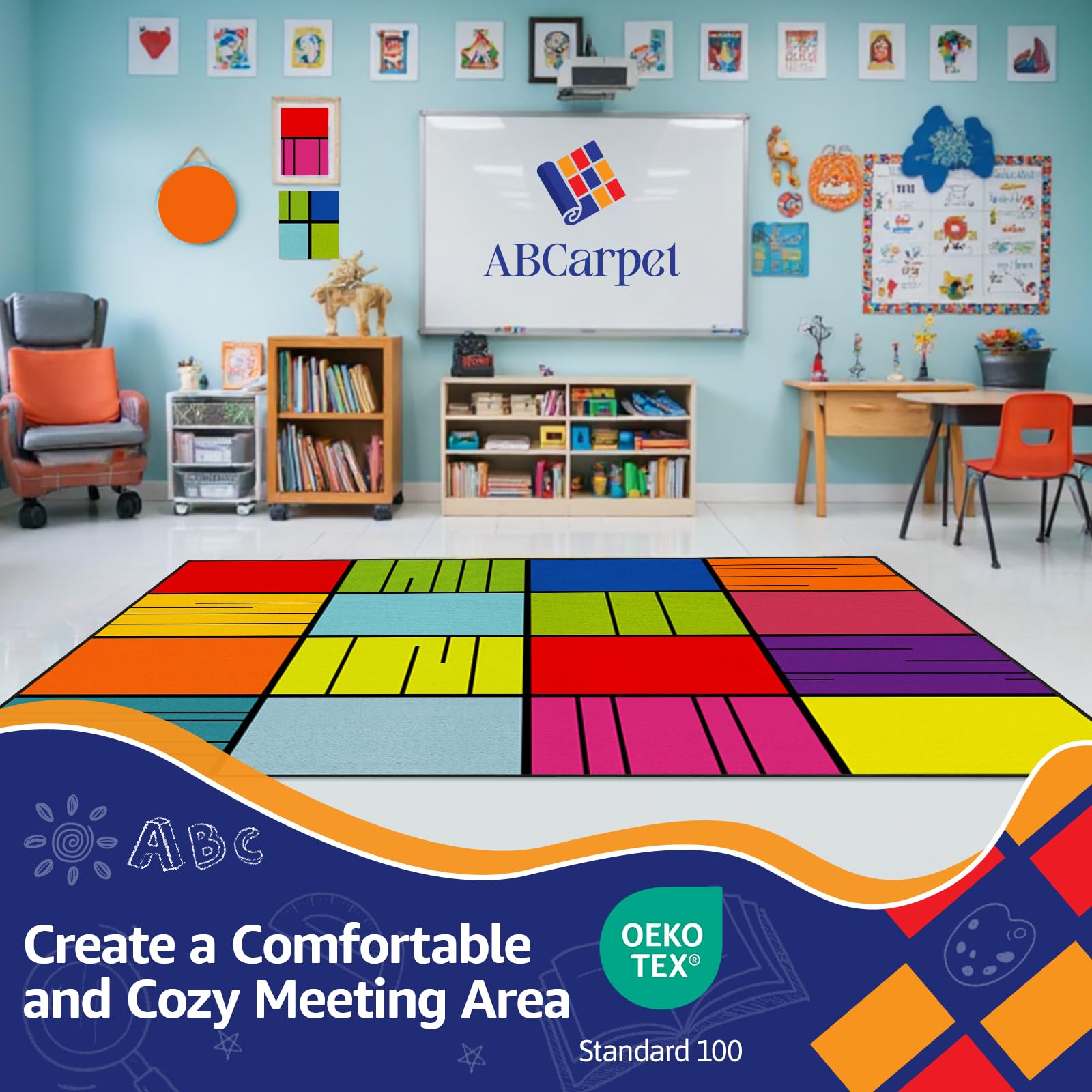 CorStripedSqu16S - Tappeto per aula per bambini, grande, 2,7 x 1,7 cm, per aule dei bambini, elementare, a righe