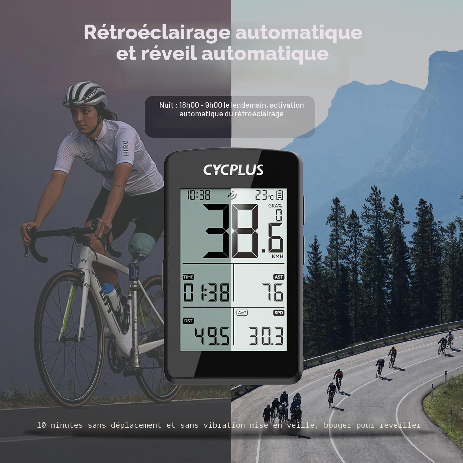 CYCPLUS ANT+ Ordinateur de vélo GPS avec Bluetooth 5.0, écran LCD de 2,8", compteur de vitesse avec plus de 100 heures d'autonomie et rétroéclairage automatique, étanchéité IP67