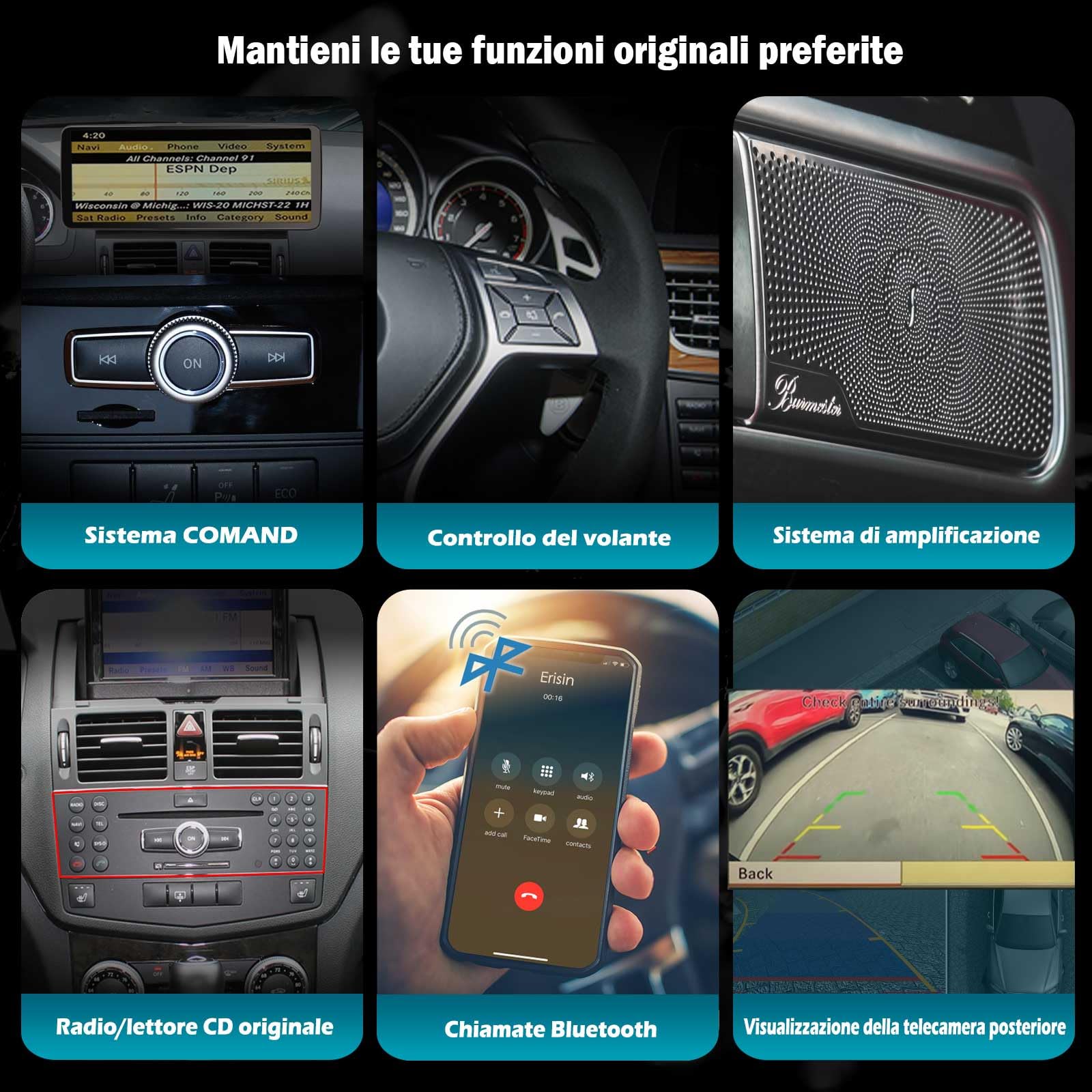 Erisin Qualcomm 8GB+128GB Android 16 Autoradio Bluetooth GPS Navigatore per Mercedes Benz Classe C W204 S204 2008-2010 NTG 4.0 12,3 pollici Schermo IPS CarPlay Android Auto WiFi DAB+ DSP USB Canbus
