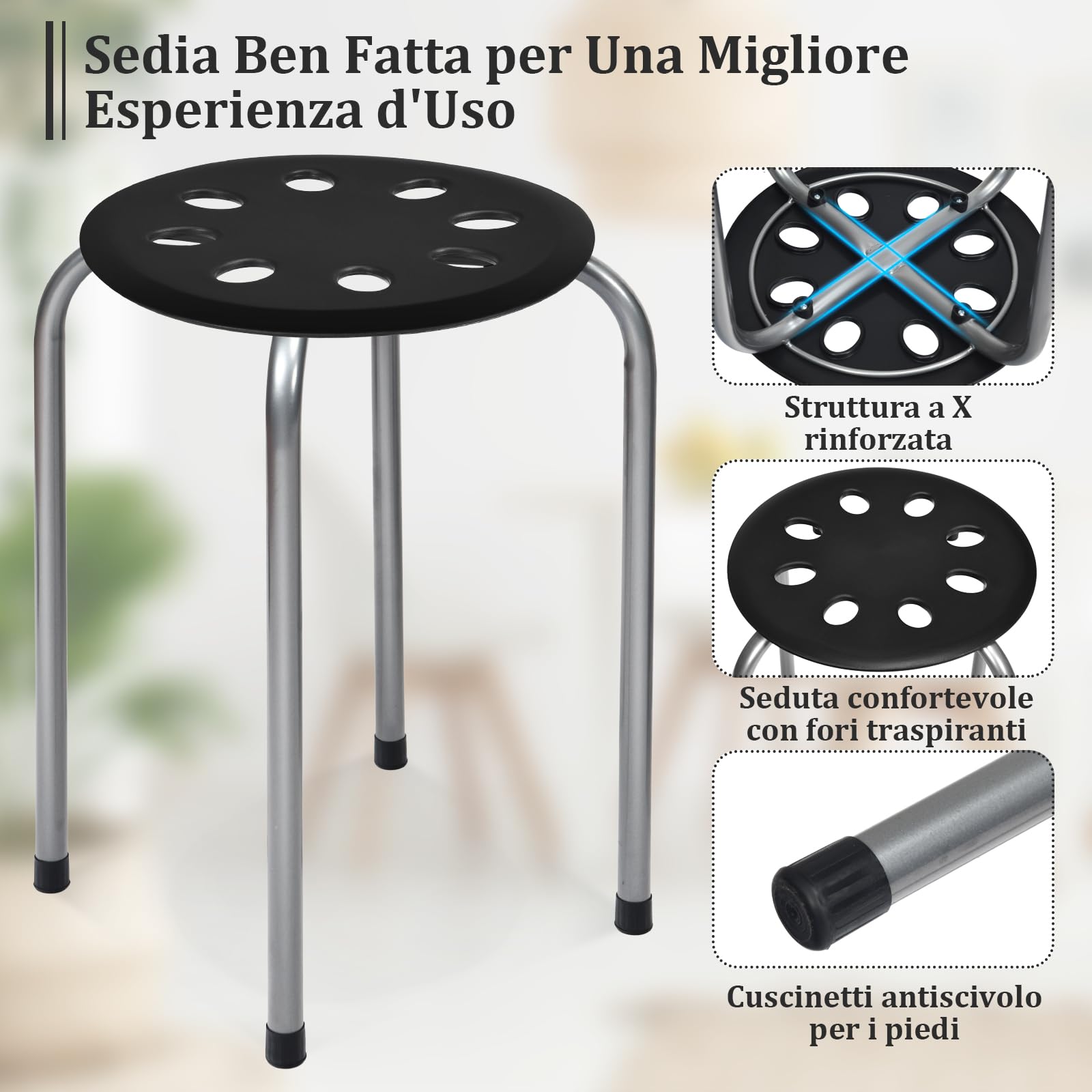 COSTWAY 6 Sgabello Tondo Impilabile in Metallo, Nero | Sgabello Cucina Basso per Bambini Adulti, Sgabelli da Bar Casa Ufficio Aule, 30 x 30 x 44,5 cm
