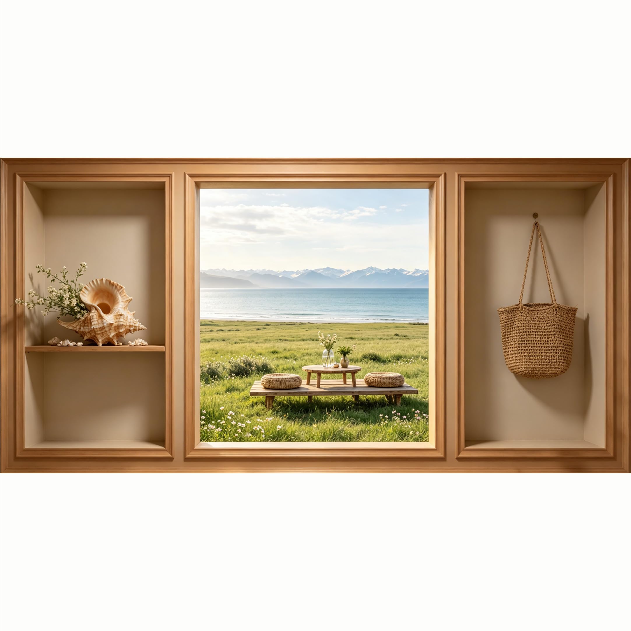 QZLITHOTIC 50x100cm 3D Framed Wall Art， Scenic Mountain Lake Meadow Coastal Landscape Self‑Adhesive Mural， Water‑Activated Peel & Stick Fabric Decor Wall Decal for Bedroom Living Room