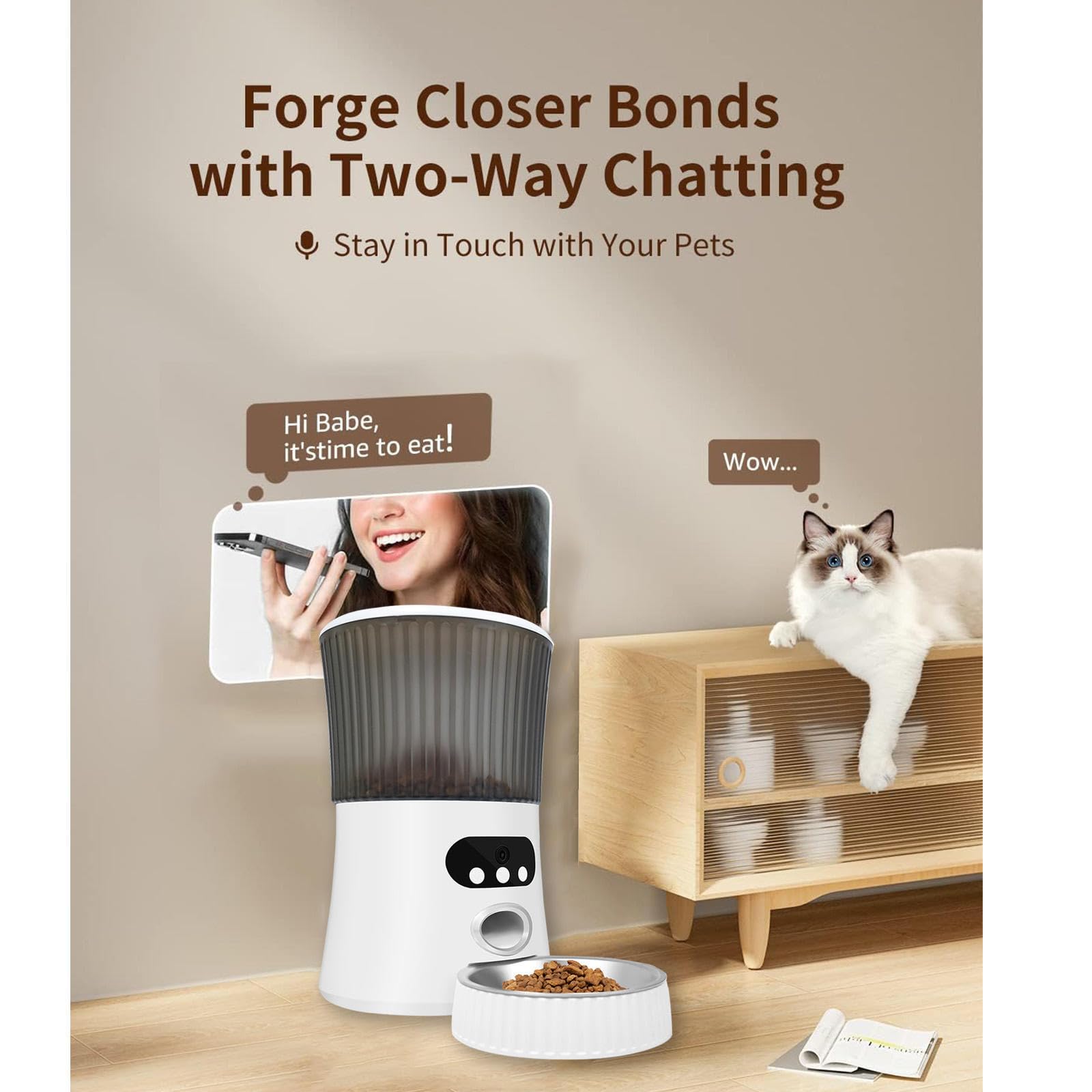 Comedero Automático para Gatos, 6L 2.4G WLAN,con App Control, Full 1080p HD Cámara y Visión Nocturna Comedero Automatico Perros, Dispensador Comida Gatos