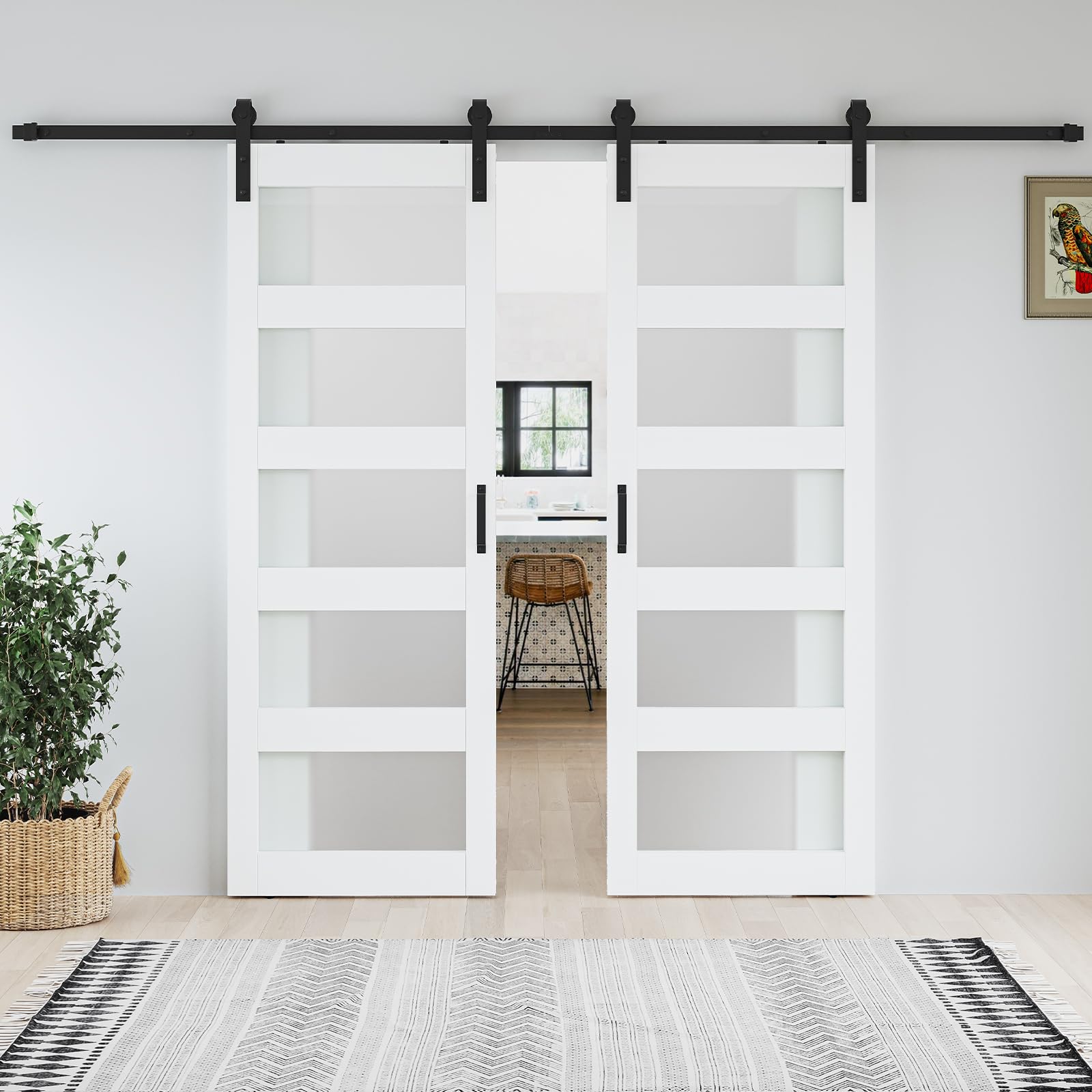 64 x 84 in Glass Paneled Double Sliding Barn Door with Installation Hardware Kits