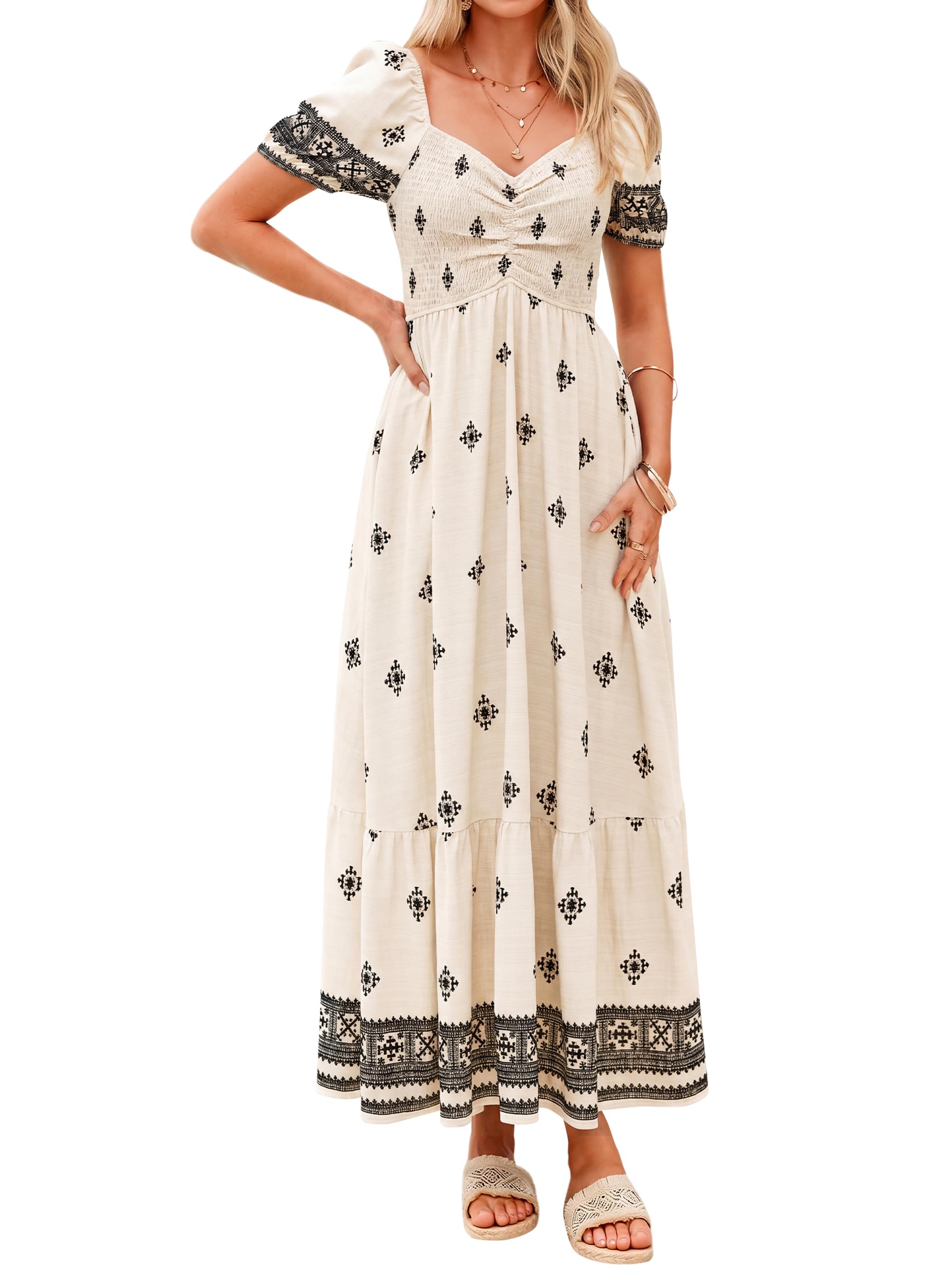 Womens Boho Maxi Dress Empire Waist Beach Casual Dress with Pockets