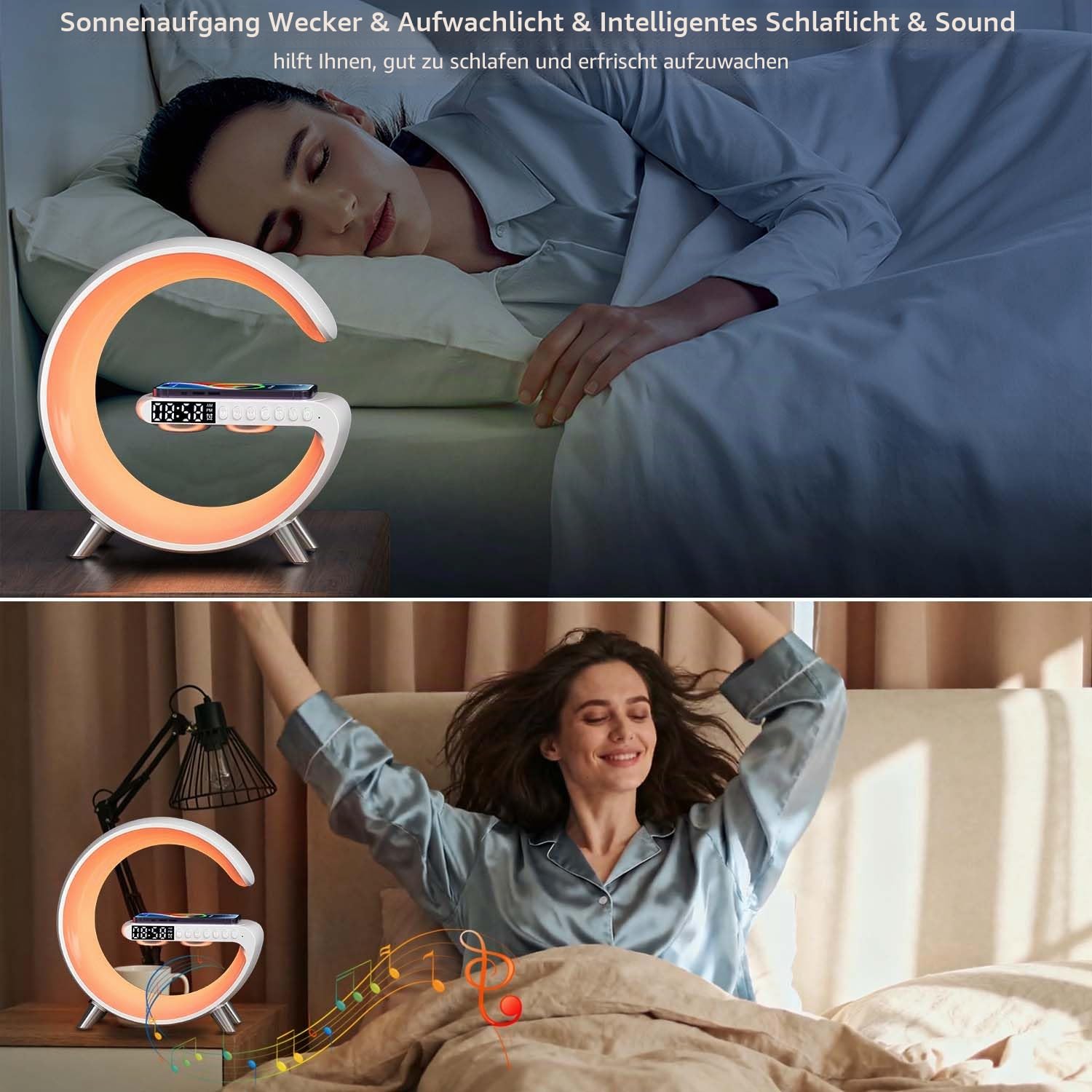 Kabelloses Ladegerät Atmosphäre Lampe, Mini Wireless Lautsprecher Lampe mit Wecker, Bluetooth Lautsprecher mit Atmosphäre Licht, Nachttischlampe Geschenke für Wohnkultur, Schlafzimmer (9-Tasten-mit