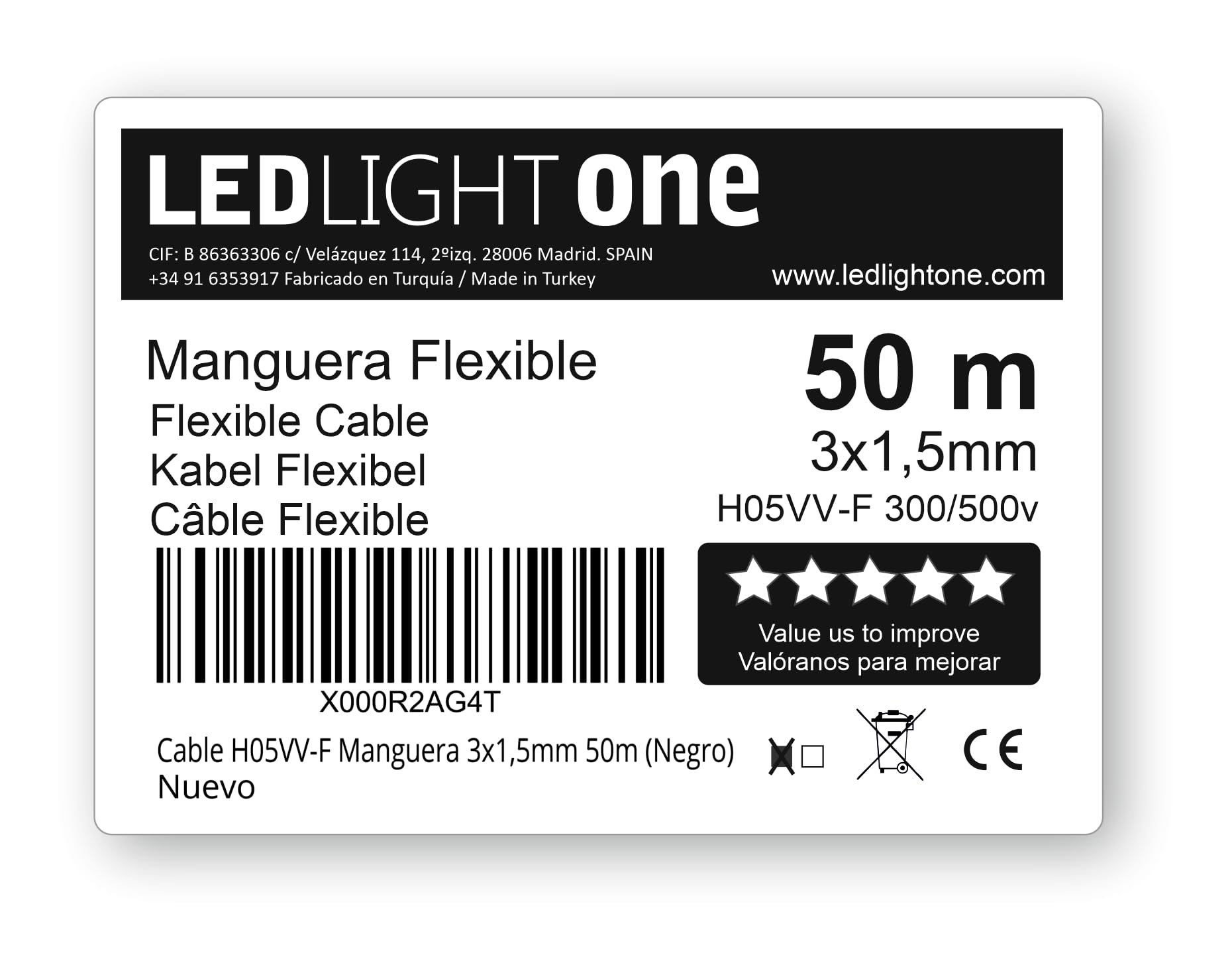 Cable H05VV-F Tuyau 3x1,5mm 50m (Noir) Tension de service : 500v Câbles pour installations fixes et mobiles dans les locaux domestiques et de bureaux.