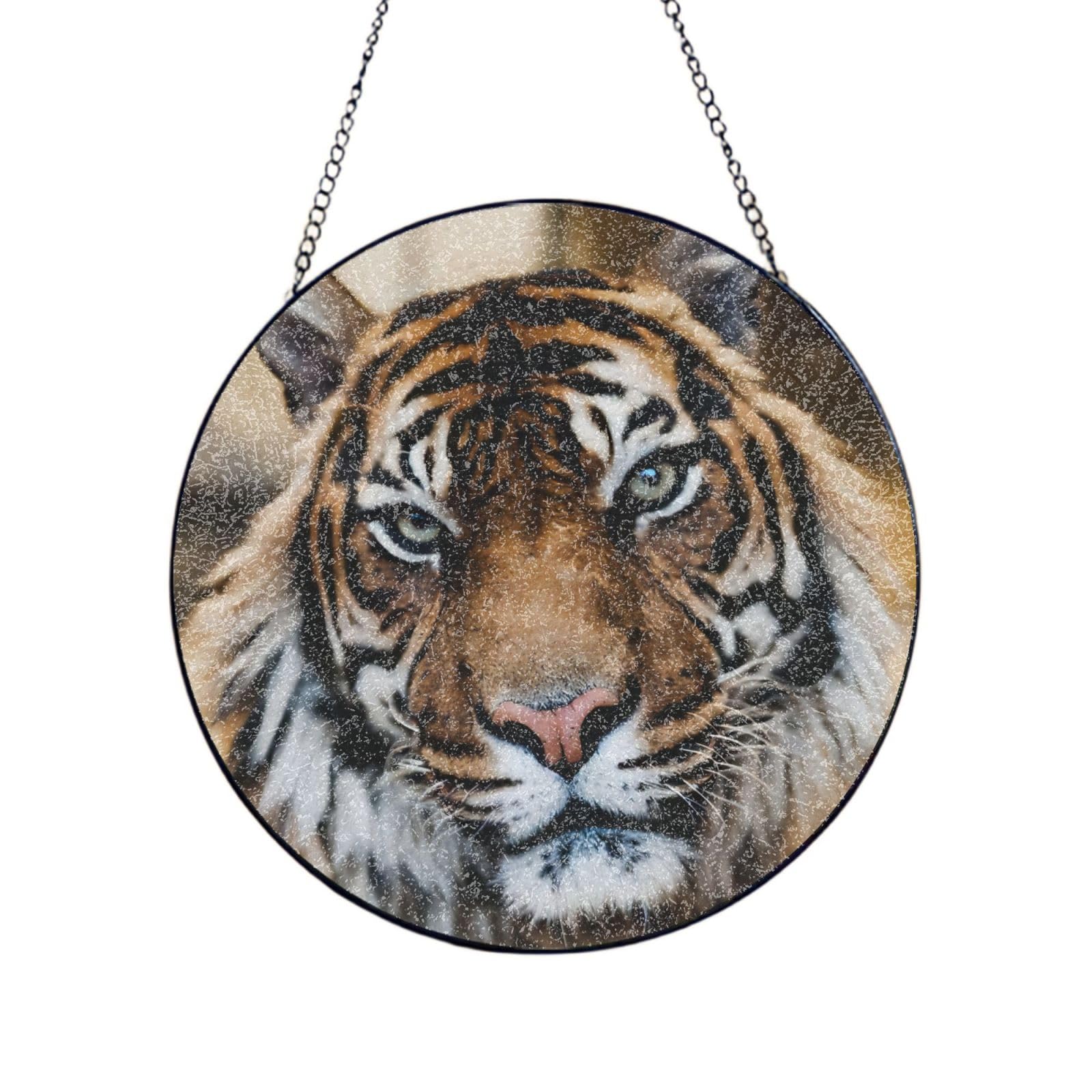 Phayah Tiger Print Glass Window Hanging Round Suncatcher Glass Ornament Garden Wall Fence Decorations Indoor Outdoor 4in（10cm）
