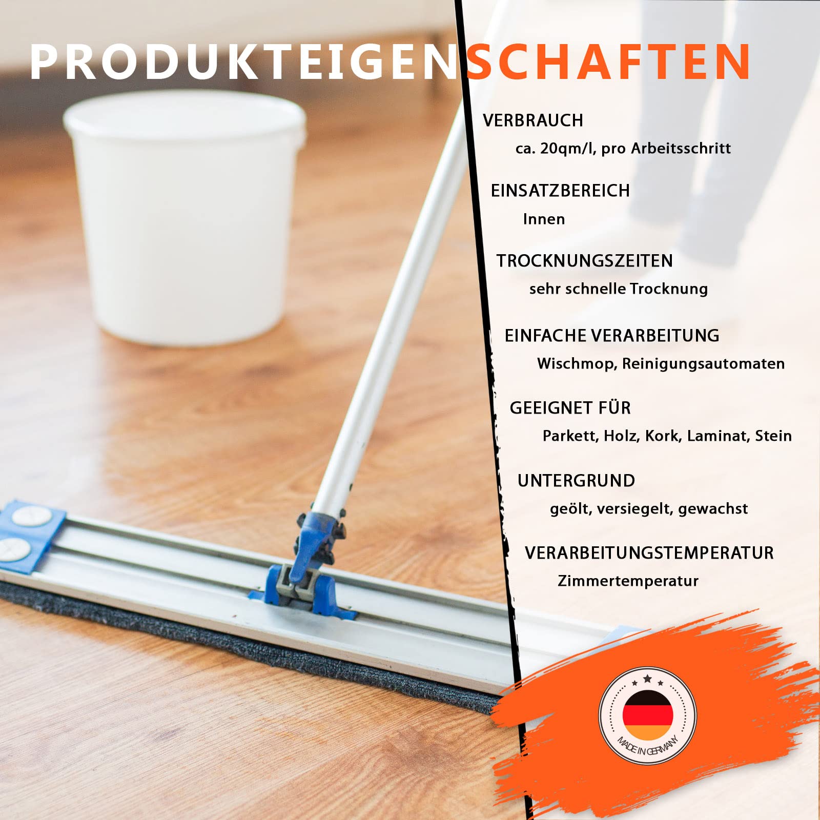 Parkettreiniger 10l - Bodenpflege Reiniger für Holzboden geölt/gewachst/versiegelt, Kork, Linoleum, Vinyl sowie Stein- und Schieferboden, Fliesen, Marmor - entfernt Wachs, Öl, Fett - BEKATEQ BK-115