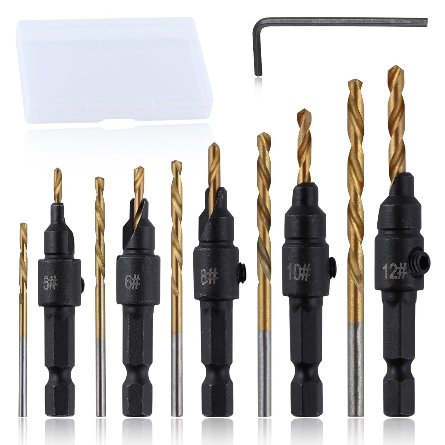 5Pcs Countersink Drill Bit Set for Wood Drill Bits for Holes Tapered Drill Bits Counter Sinker Drill Bit Set with Allen Wrench Pilot Screw Hole Set 82-Degree Chamfer Titanium Coated