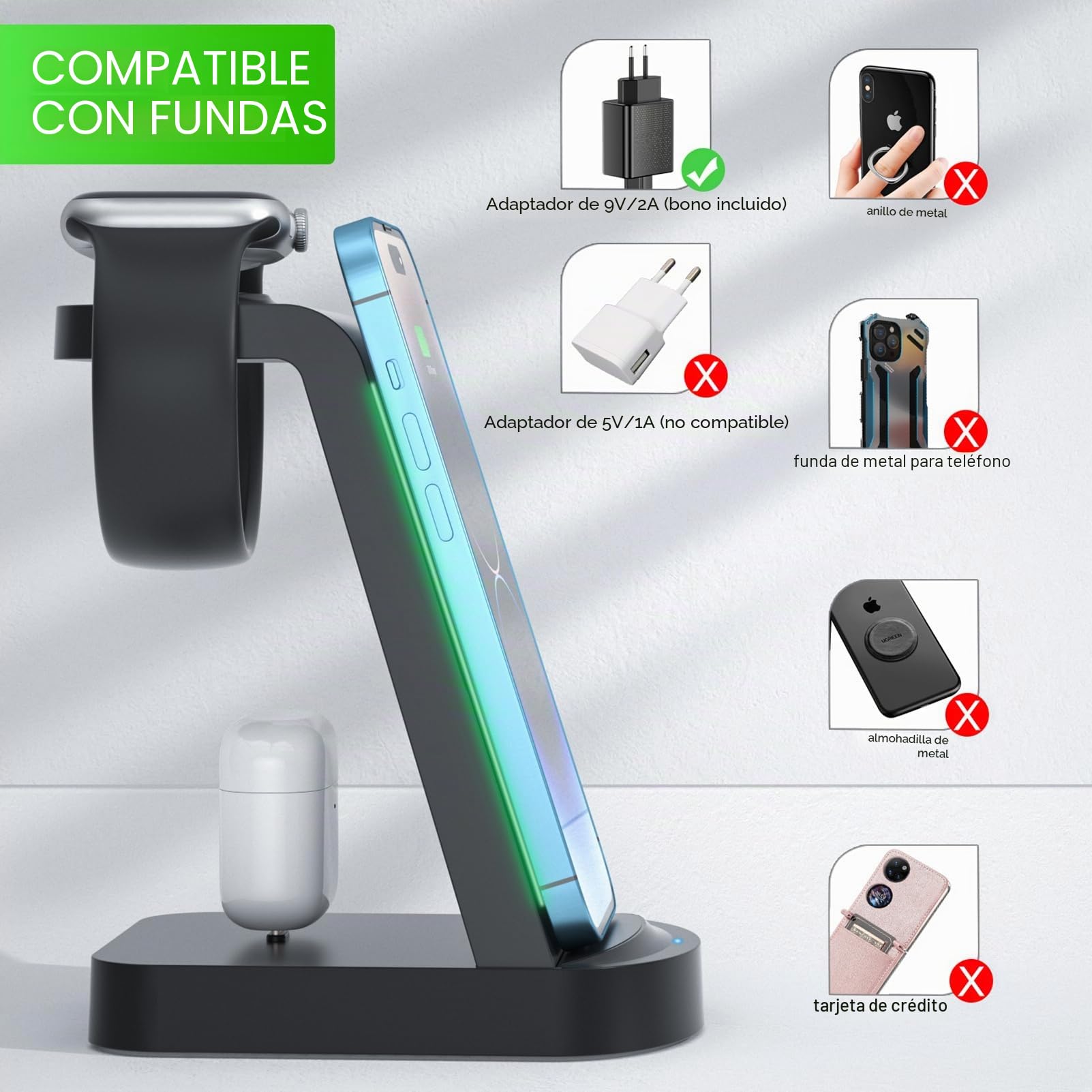 Cargador inalambrico,INNISTO Cargador inalambrico con 18W Adaptador,estacion de Carga Compatible con iPhone 17/16/15/14/13/12 Pro/Pro MAX,Apple Watch Ultra/10/9/8/7/SE/SE2/6/5/4 AirPods321/Pro1 Negro