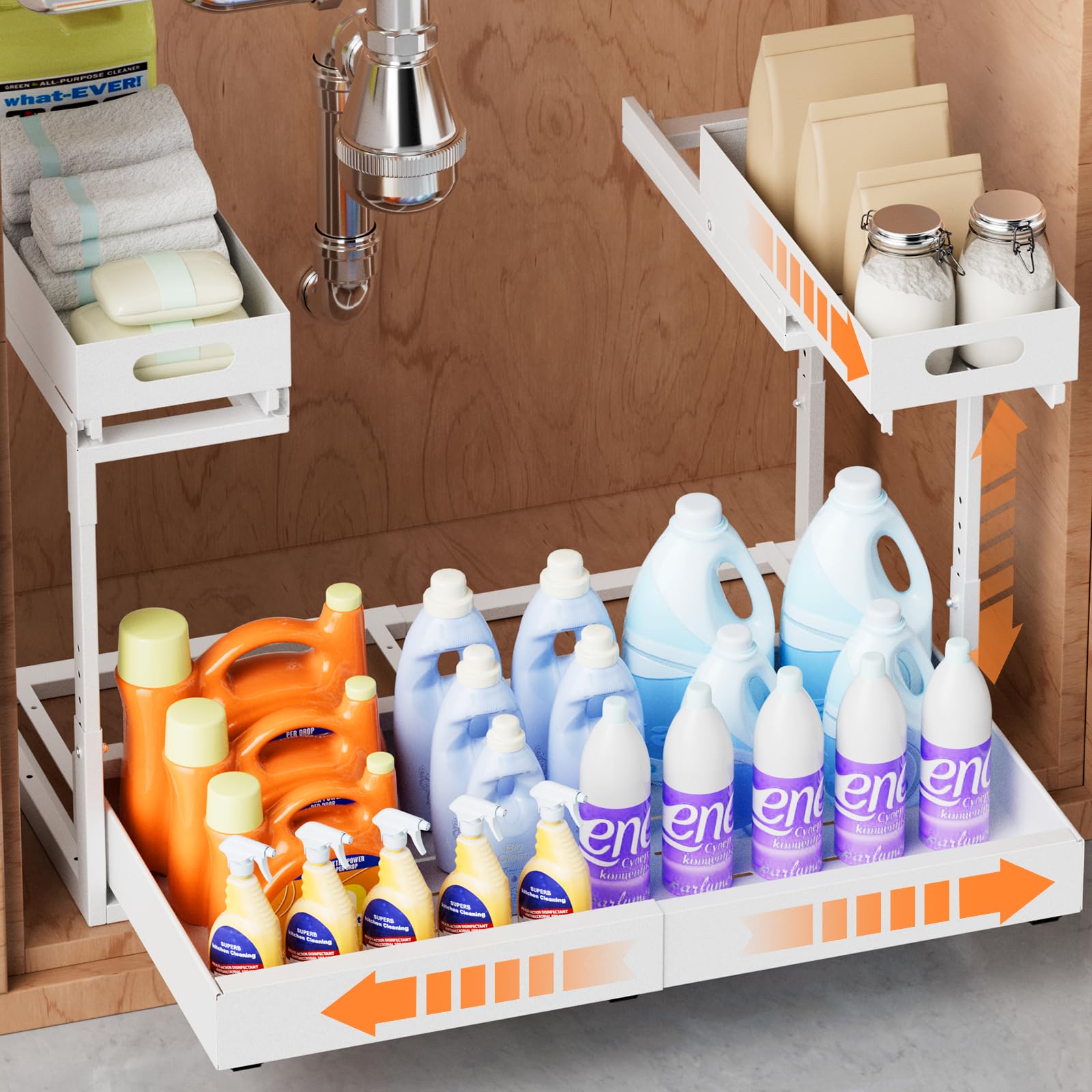 Photo 1 of Upgrade 1 Pack Expandable Under Sink Organizers and Storage, 2 Tier Metal Pull Out Cabinet Organizer with 3 Slide Rails, Adjustable Height Slide Out Under Sink Drawers for Kitchen Bathroom Pantry