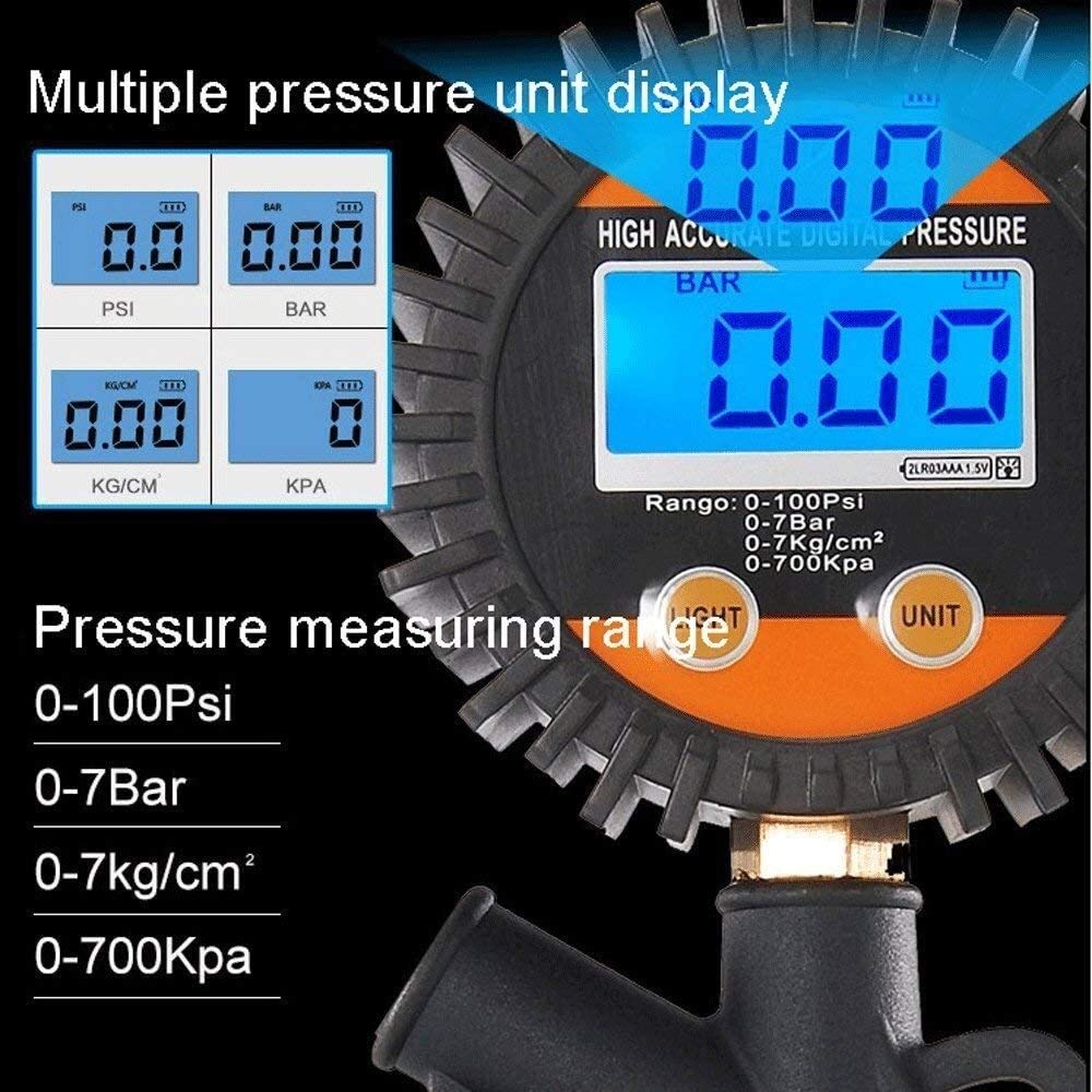 AGAATI Manómetro Digital de presión de neumáticos, manómetro de Aire portátil de 100 PSI, portabrocas de Aire Resistente y Accesorios de compresor para cámara de Aire de camión, automóvil y Bicicleta