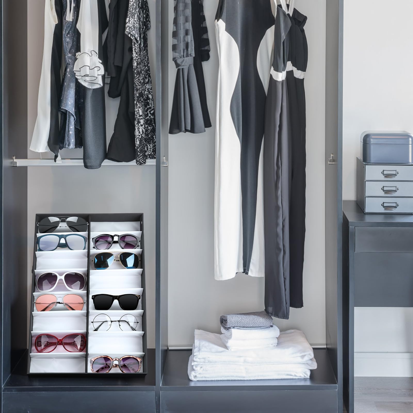 Sonnenbrillen-Organizer, Aufbewahrungsbox, 16 Fächer, Brillen-Vitrine, Aufbewahrungsbox mit Abdeckung, Schmuck-Display, Sammlungshalter für Damen und Herren, 48,5 x 33 x 6,1 cm, Schwarz , 50 * 35 *