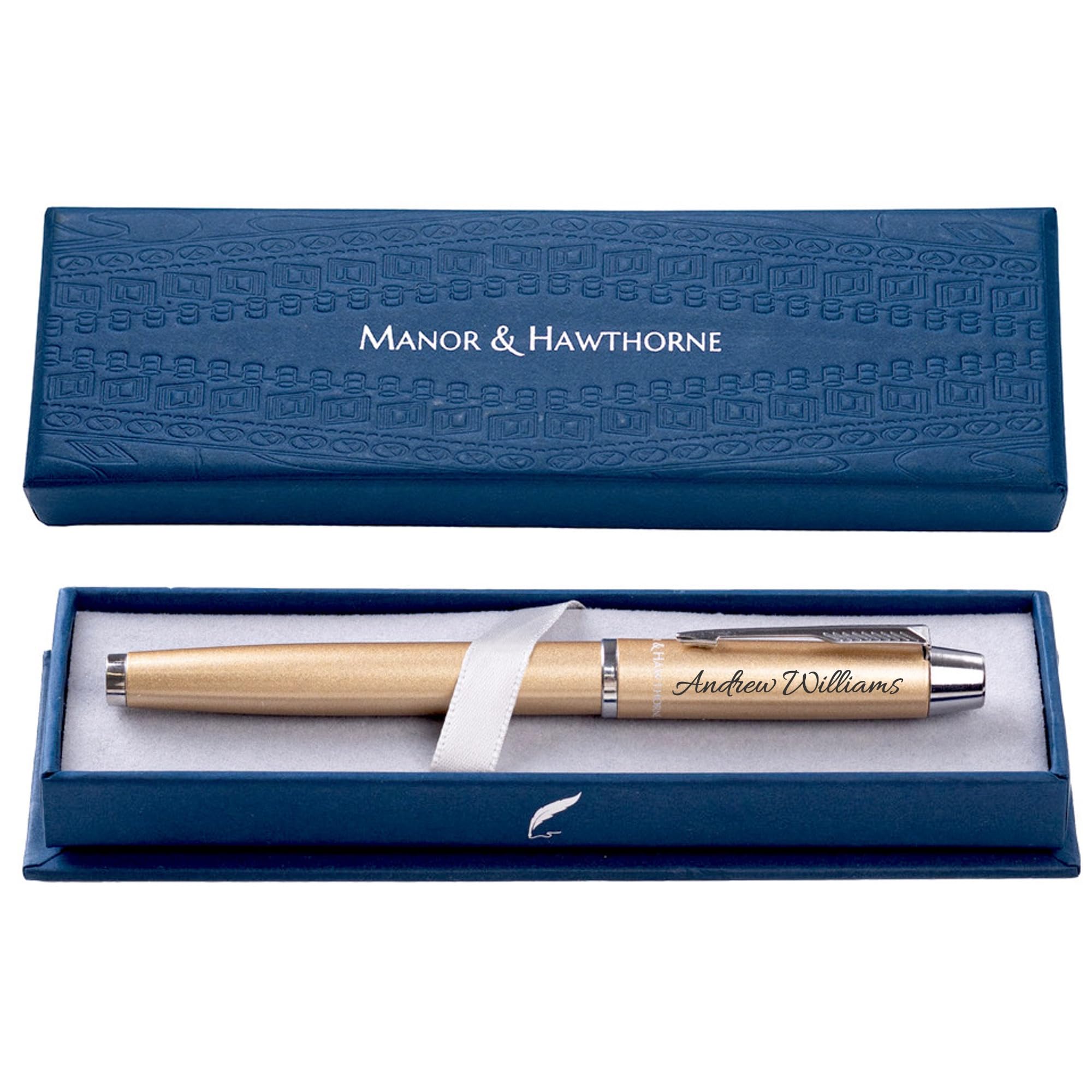 Manor & Hawthorne Personalised Luxury Black Rollerball Pen – Engraved Gift with Elegant Presentation Box, Ideal for Corporate Gifts, Birthdays, and Anniversaries (Champagne Gold (Personalised))