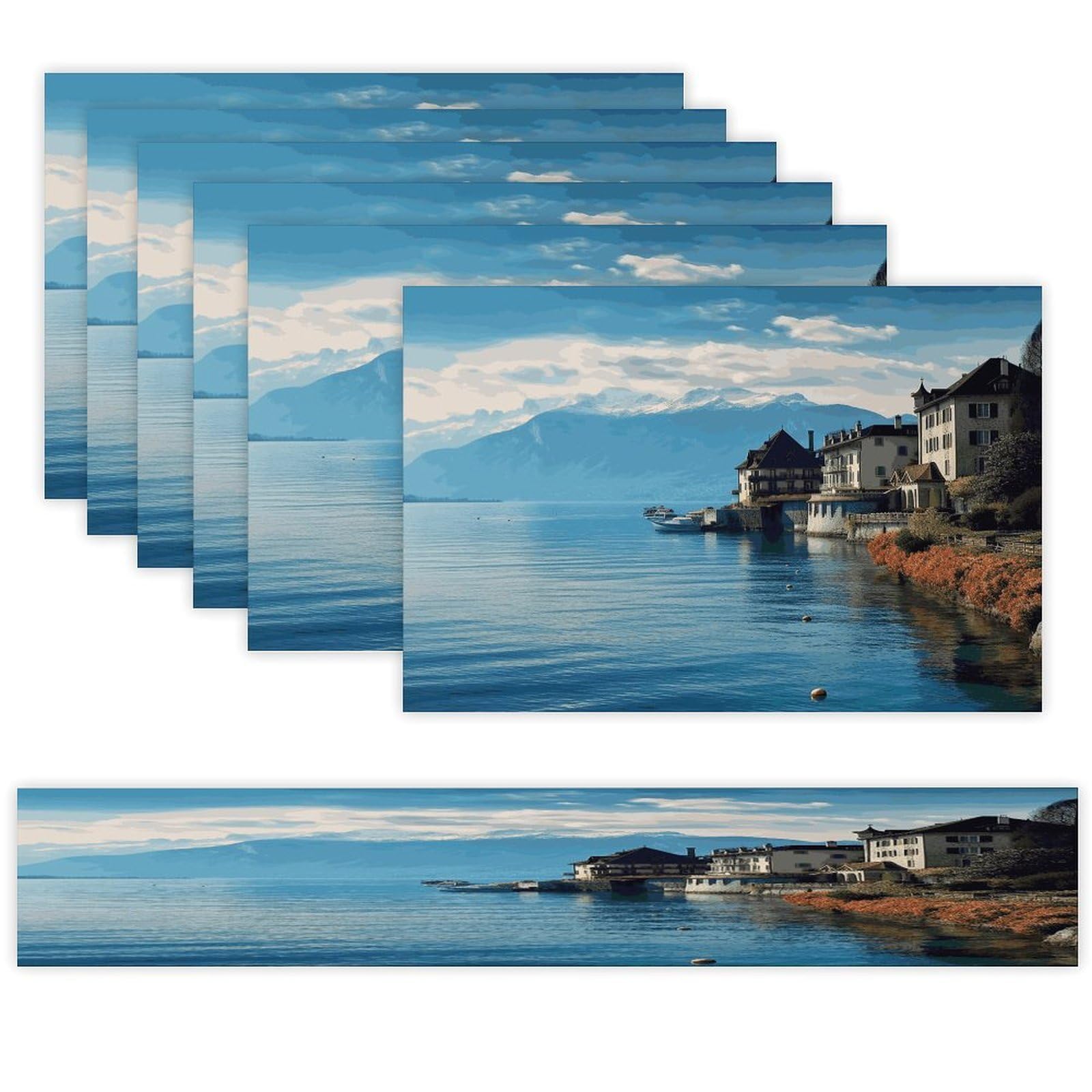 Lake Geneva Switzerland Table Runner and Placemats Set of 6 for Kitchen Washable Table Mats Heat Resistant Place Mats Non-Slip Place Mat Wipeable Placemat(6 Placemats+1 Table Runner)