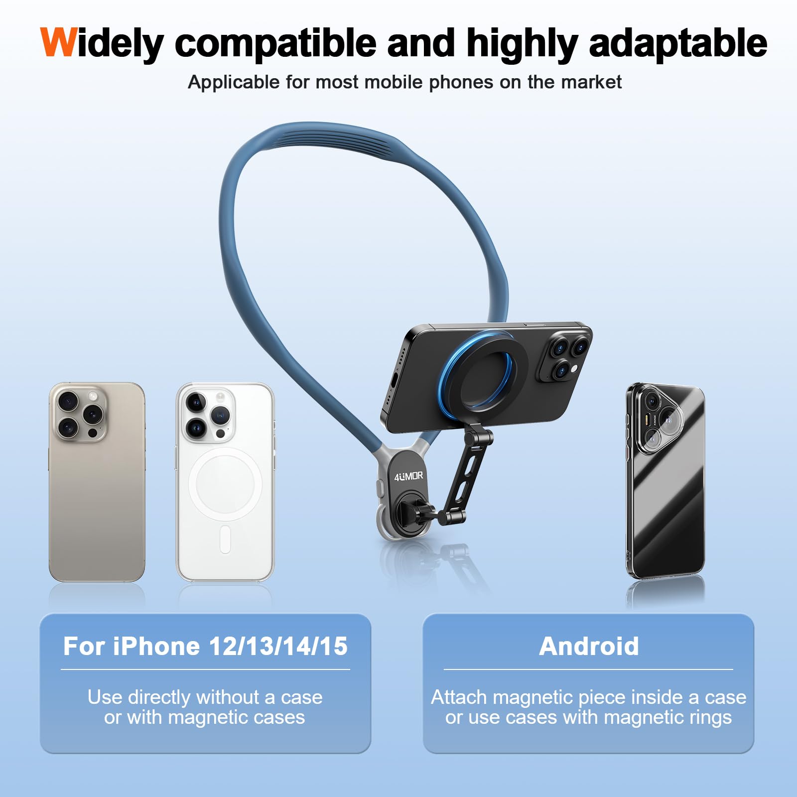 4UMOR Soporte Magnético de Cuello para Teléfono Compatible con iPhone y Android Collarín Telefónico Soporte Antivibración Libre Manos Ideal para POV/Vlog, Viajes, Transmisiones en Vivo y Deportivas