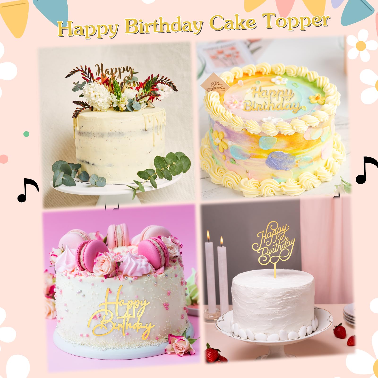 Décorations Gâteau Happy Birthday - Lot De 3 - Or, Argent, Rose - Acrylique Miroir