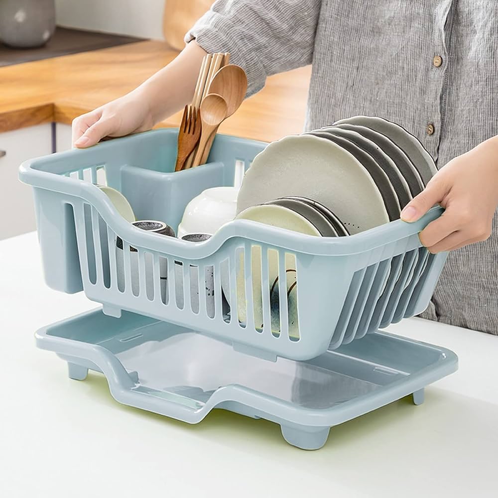 wolpin Plastic Dish Drainer Drying Rack 3 in 1 Kitchen Sink Organisers  Water Drain Tray, Cutlery Spoon Holder, Washing Sink Basket Utensils Plate,  Blue: Buy Online at Best Price in UAE - Amazon.ae