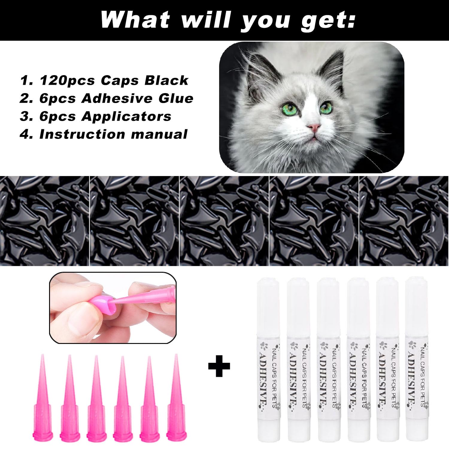 VICTHY 120pcs Cat Nail Caps | Cat Claw Caps | Cat Nail Covers with Adhesives and Applicators (Black M) - image 6