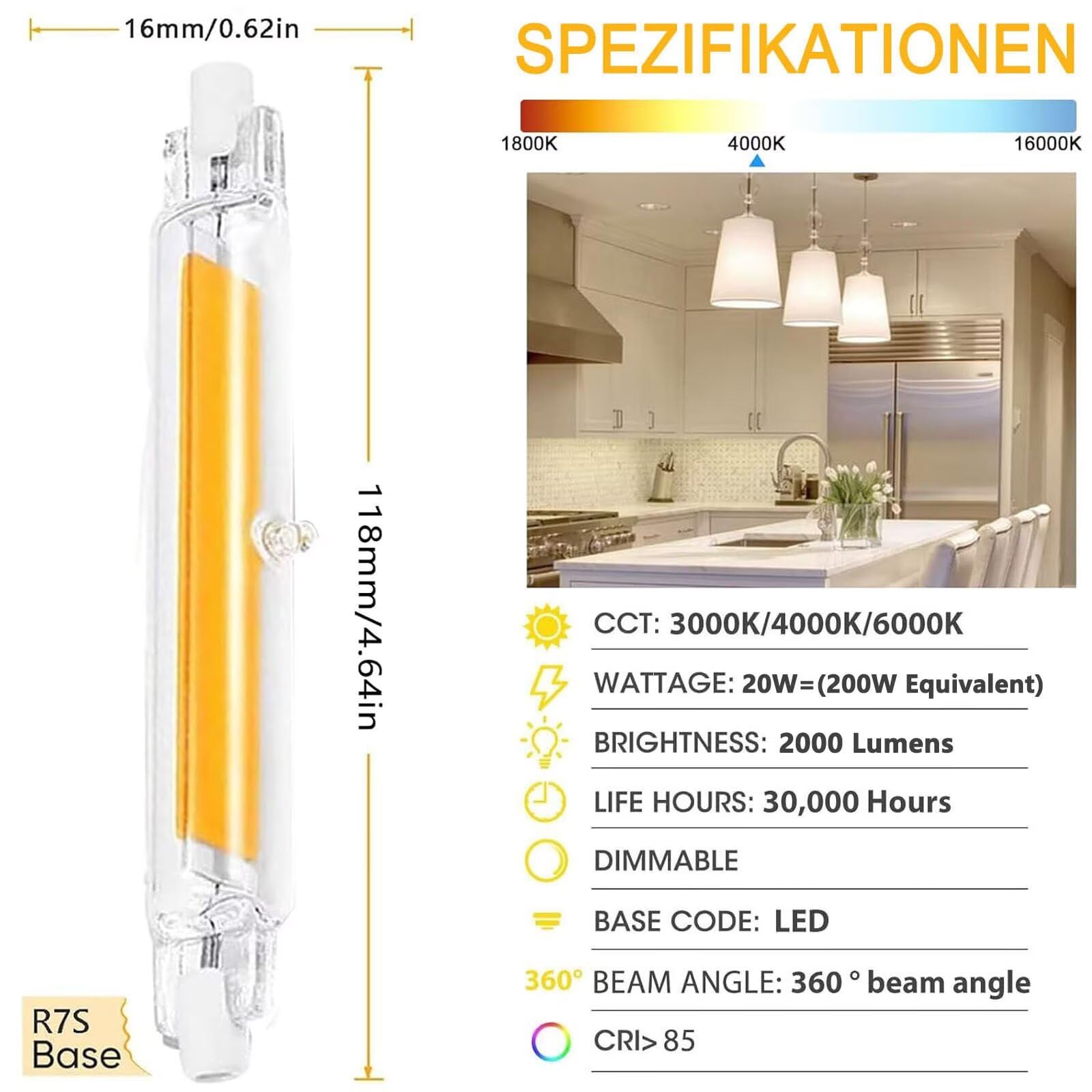 Glasröhre Glühbirne R7s 118mm Led Dimmbar Naturweiß 4500K, R7s-Led 118mm 15W 17W 19W 21W 23W 25W Ersetzt 150W 170W 190W 210W 230W 250W Halogen, Kein Flackern 2000LM, 360° Abstrahlwinkel, 6er Pack