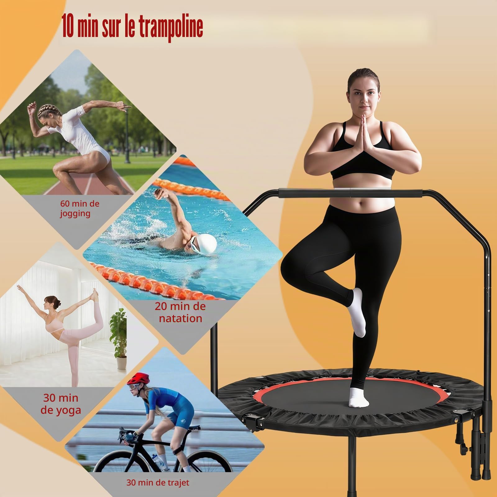 LIFERUN Trampoline de Fitness intérieur Ø 101 cm, capacité de Charge 150 kg, Rebond d'entraînement, avec 3 Niveaux de poignée réglables, Mini Trampoline pour Adultes