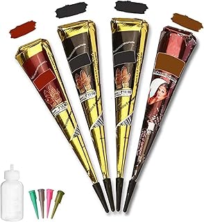 Temporary Tattoo kit,4Pcs Tattoo Cones,100% Natural Ready to Use Black Tattoo Paste, India Body DIY Art Painting for Women Men Kids with 20 Adhesive Stencils, 1 Bottle, 4Nozzles