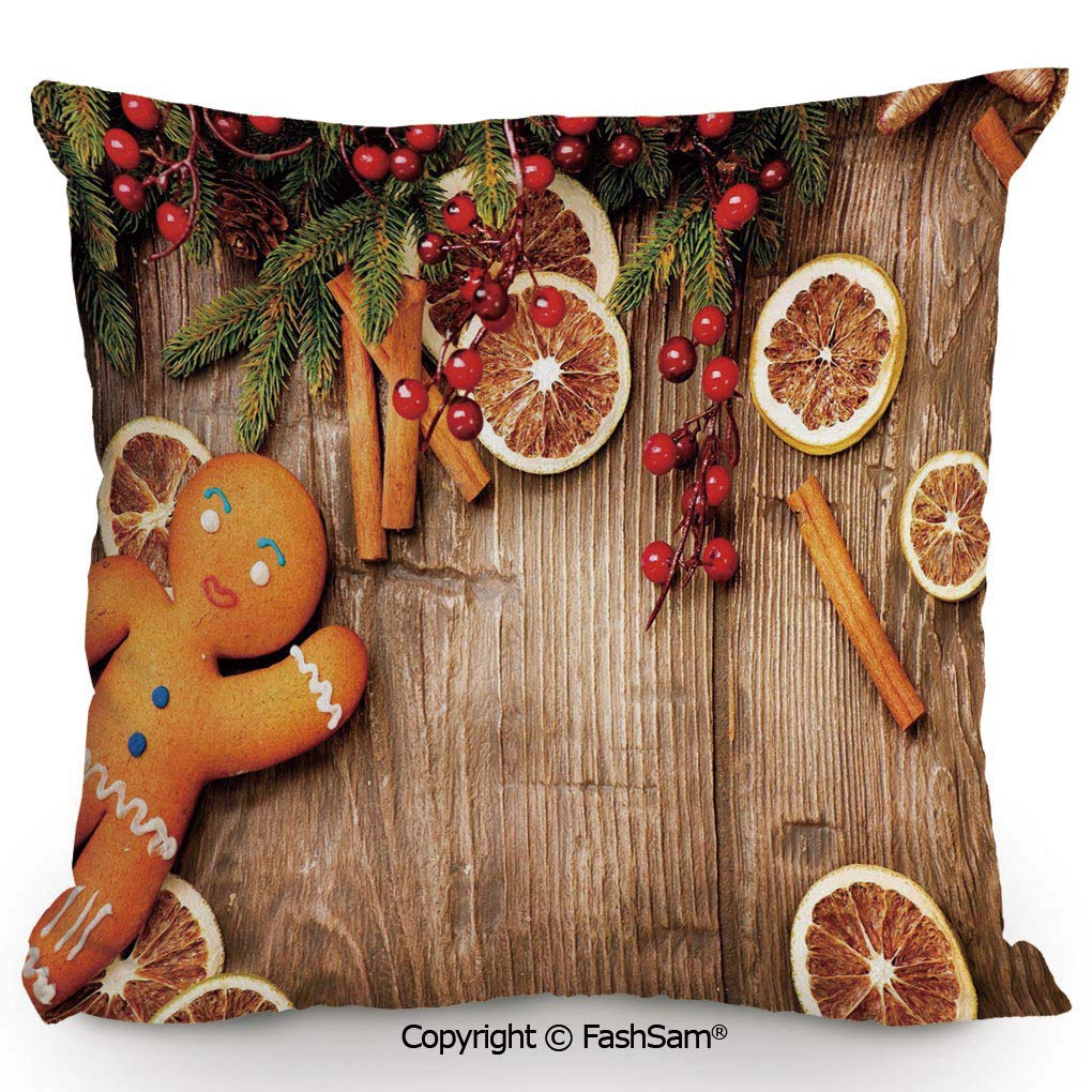 FashSam Polyester Throw Pillow Cushion Rustic Composition with Holly Berry Orange Slice Cinnamon and Biscuit Decorative for Sofa Bedroom Car Decorate(16" Wx16 L)