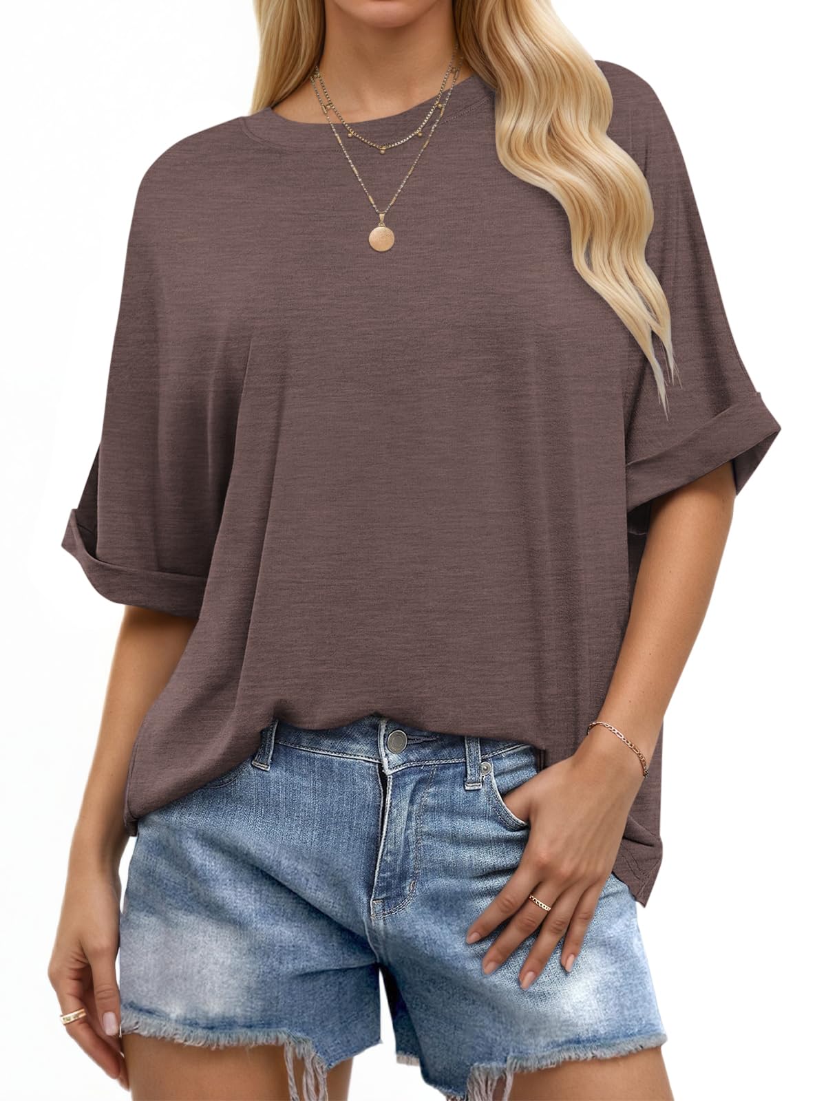 WNEEDU Oversize Shirt Damen Kurzarm Rundhals Oberteile Damen Sommer Basic T-Shirt Locker Lässige Top Oversize Bluse mit Gekrempelten Ärmeln