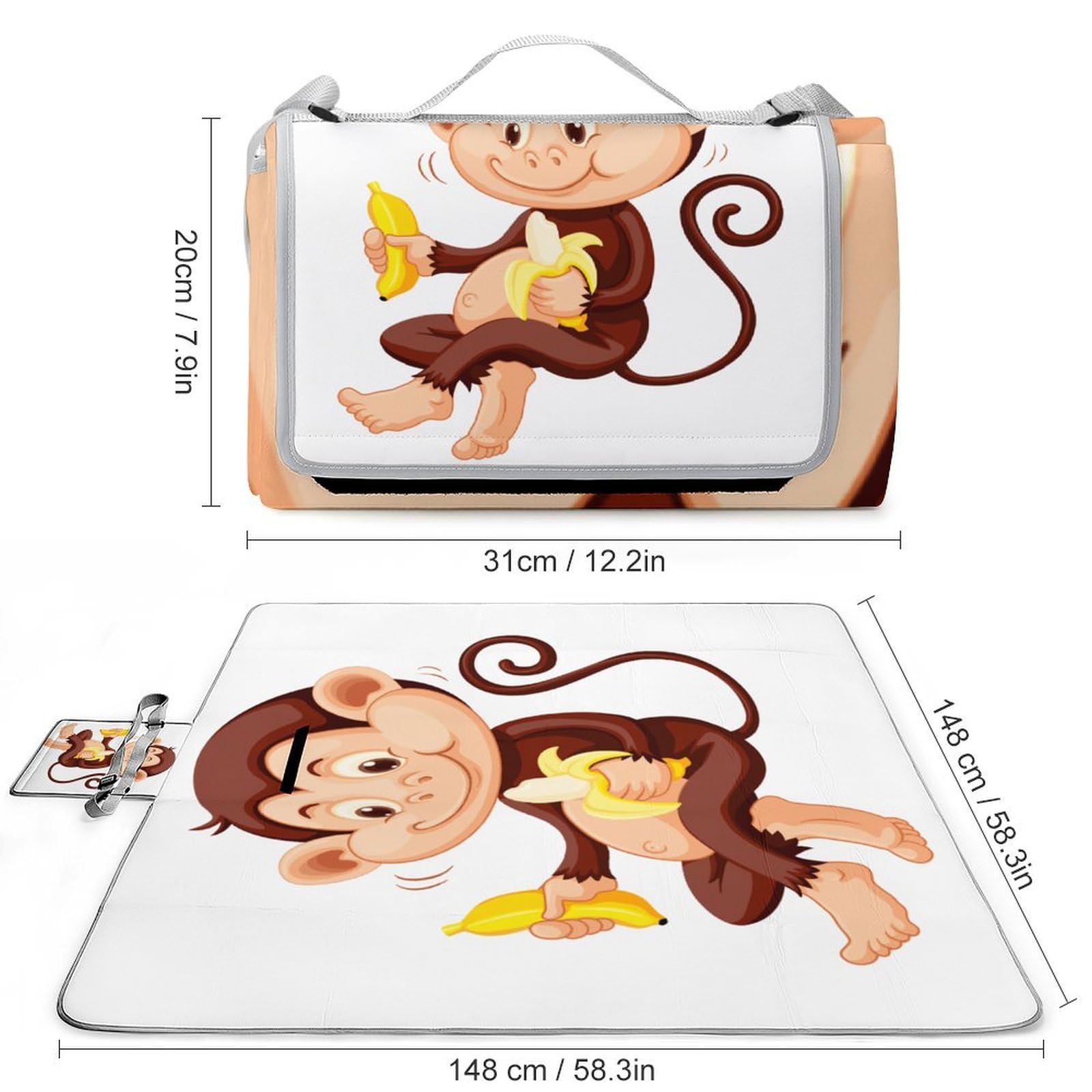 Tappetino da picnic, scimmia banana, coperta quadrata da picnic, tappeti esterni, 148 cm x 148 cm