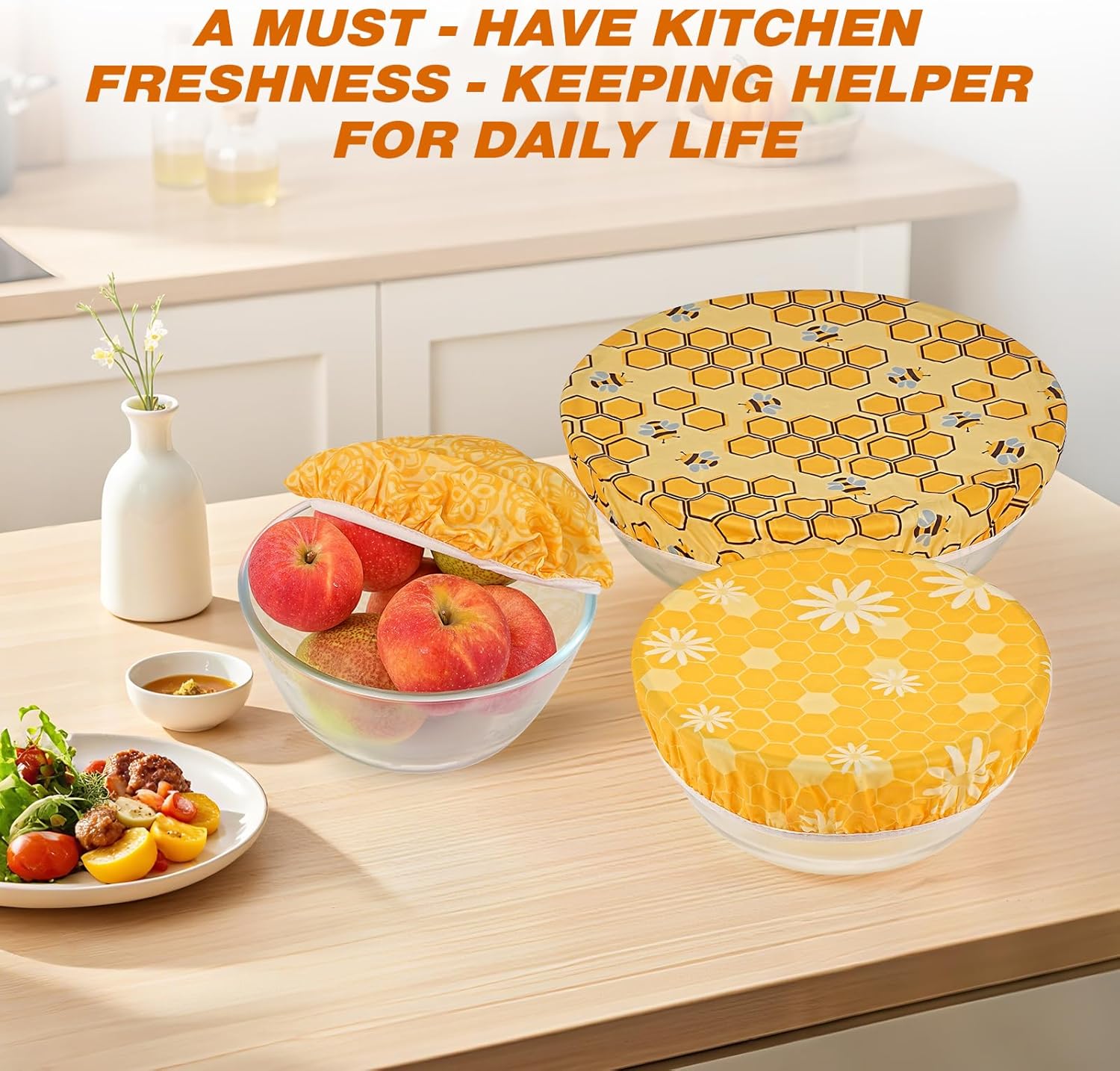 6 Pcs Beeswax Bowl Covers Reusable, Large Reusable Bowl Covers for Bread Proofing,Stretchable to Fit 8/10/12 Inch Bowls (2 Each),3 Patterns, Beeswax Wraps for Bread,Leftovers,Fruits,Salad