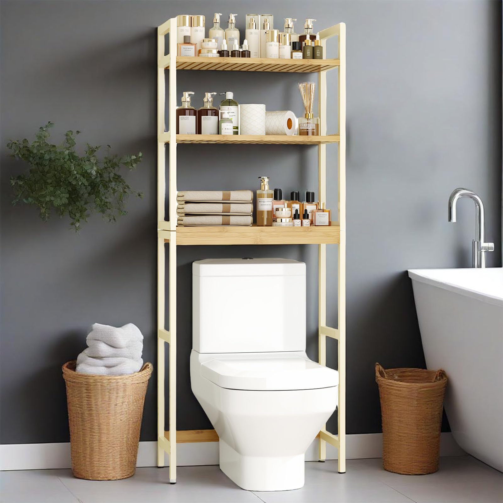 Scaffale per WC, in bambù, per lavatrici, con 3 ripiani, salvaspazio, grande capacità per lavanderia, bagno, WC