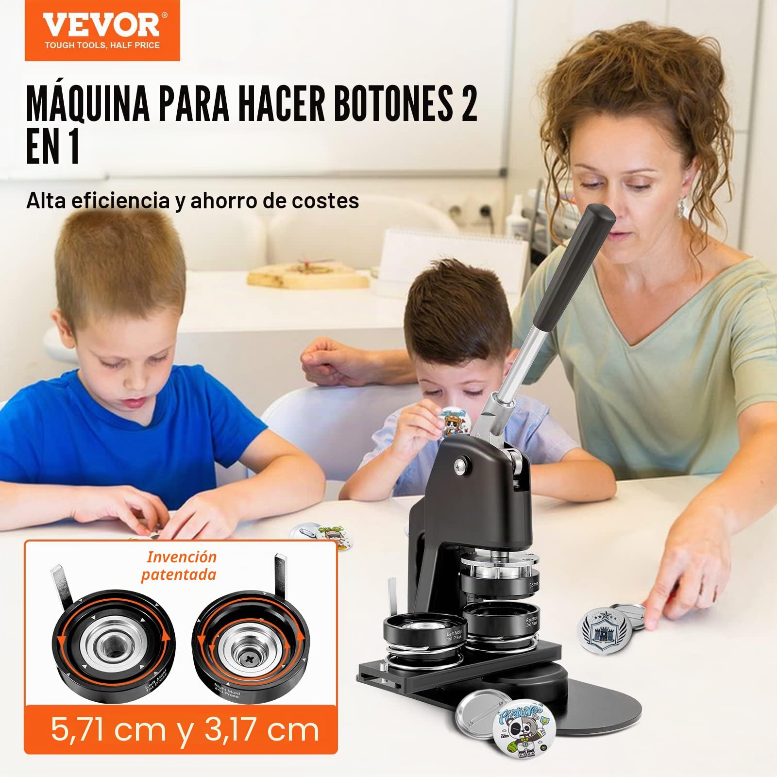 VEVOR Máquina para Hacer Botones de 32 mm y 58 mm Prensa para Chapas con 500 Kits de Botones con Libro Mágico y Cortador de Círculos Máquina para Hacer Chapas de Aluminio y ABS Kit de Personalización