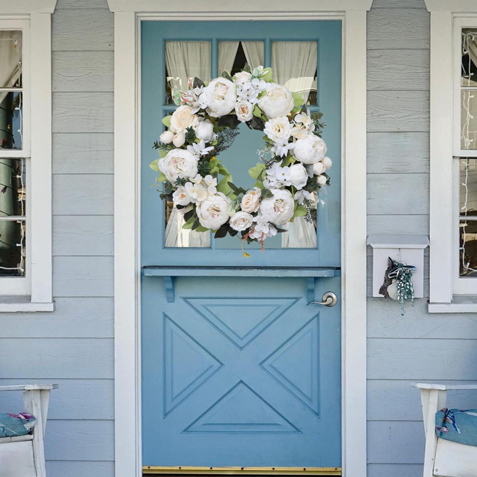 RIZGHWOY Ghirlanda Floreale di Peonia Rosa Artificiale, Decorazione da Appendere Alla Porta con Fiori Finti Fatti a Mano da 17,7 Pollici per la Casa della Parete di Nozze (WHITE)