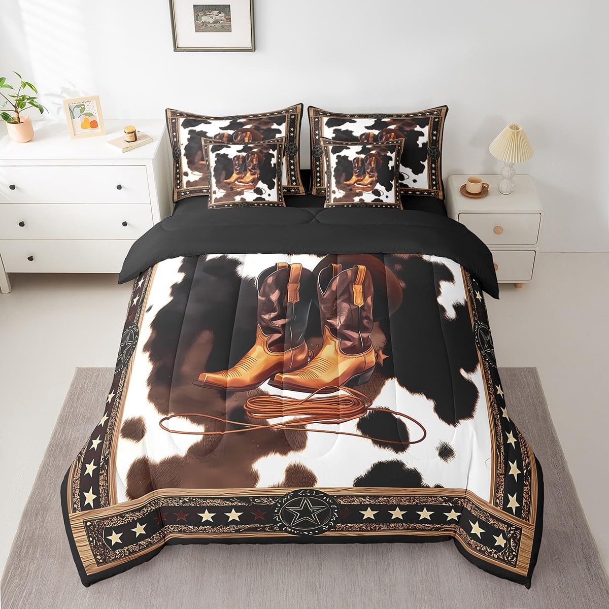Feelyou Western Decor Comforter Set with Sheets King Size Wild Western Cowboy Bed in a Bag Rodeo Cowboy Style 7 Pieces Bedding Set Grunge Design Bed Set Room Decor Brown Milk